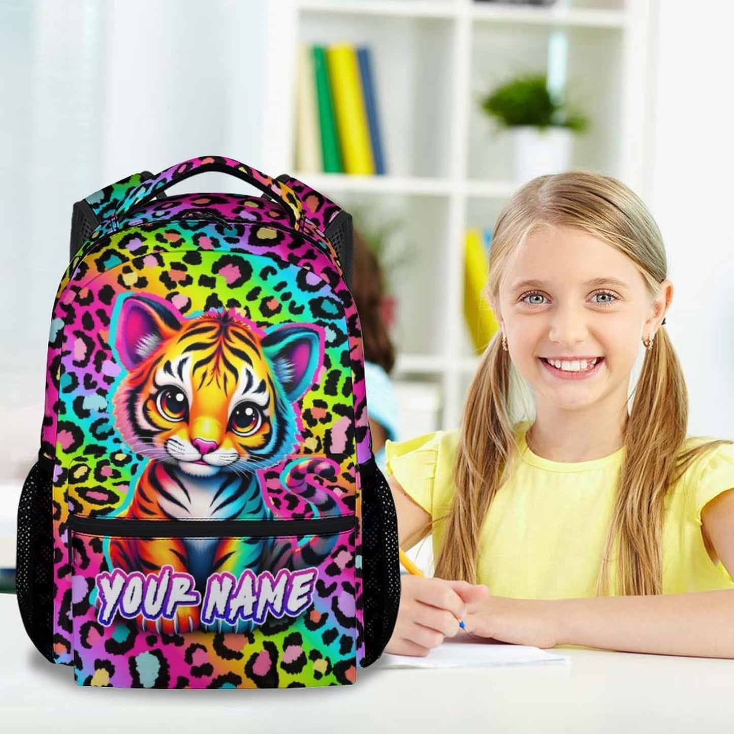 Custom School Backpack for Kids - 17 Inch Tiger Backpack with Adjustable Straps - Cartoon Leopard Print Large Capacity Bookbag for Elementary