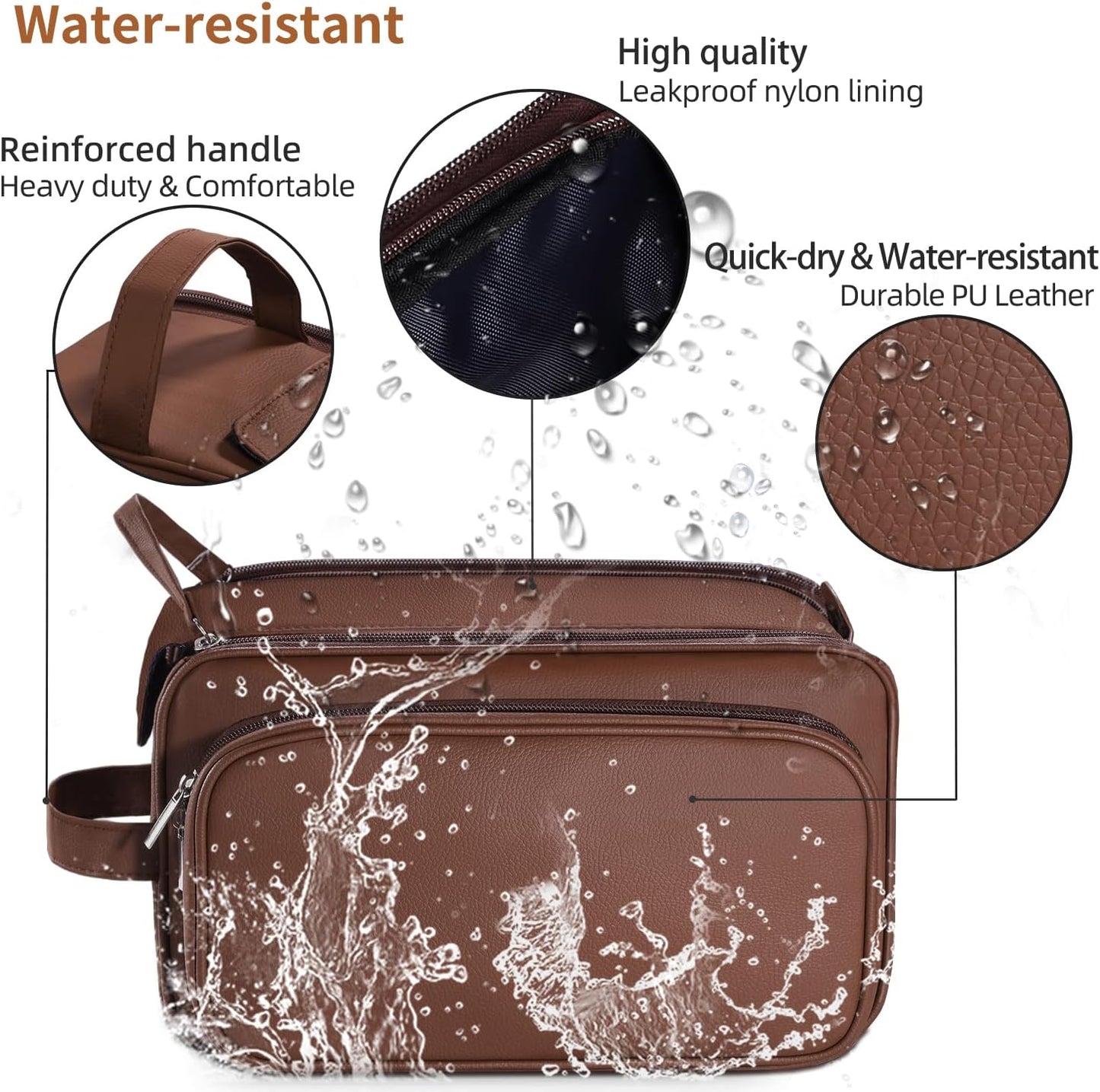 Buruis Extra Large Toiletry Bag for Men, Travel Toiletry Organizer Dopp Kit Water-resistant Shaving Bags, PU Leather Cosmetic Bathroom Shower Bag for Toiletries, Grooming, Accessories (Brown)
