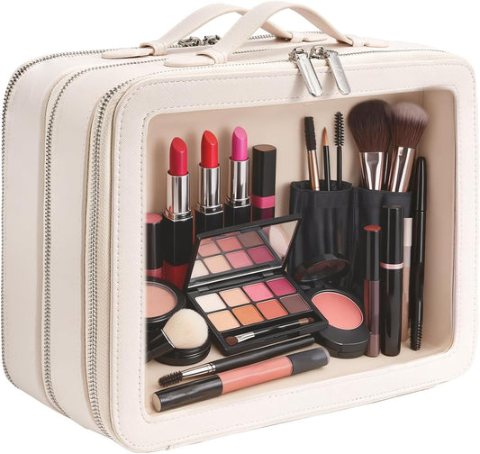 Clear Makeup Bag,Large Toiletry Case for Women,PU Leather Travel Cosmetic Bag,Detachable Makeup Case,Double Compartment Make up Organizer