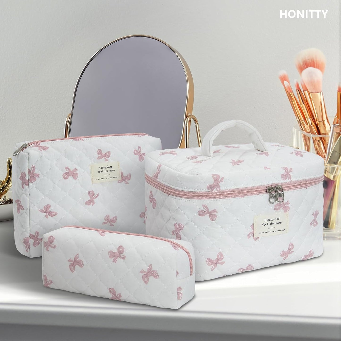 Makeup Bag,Quilted Cosmetic Bag,Large Floral Make Up Bag for Women,Cotton Makeup Bag Set,Flower Travel Toiletry Bag