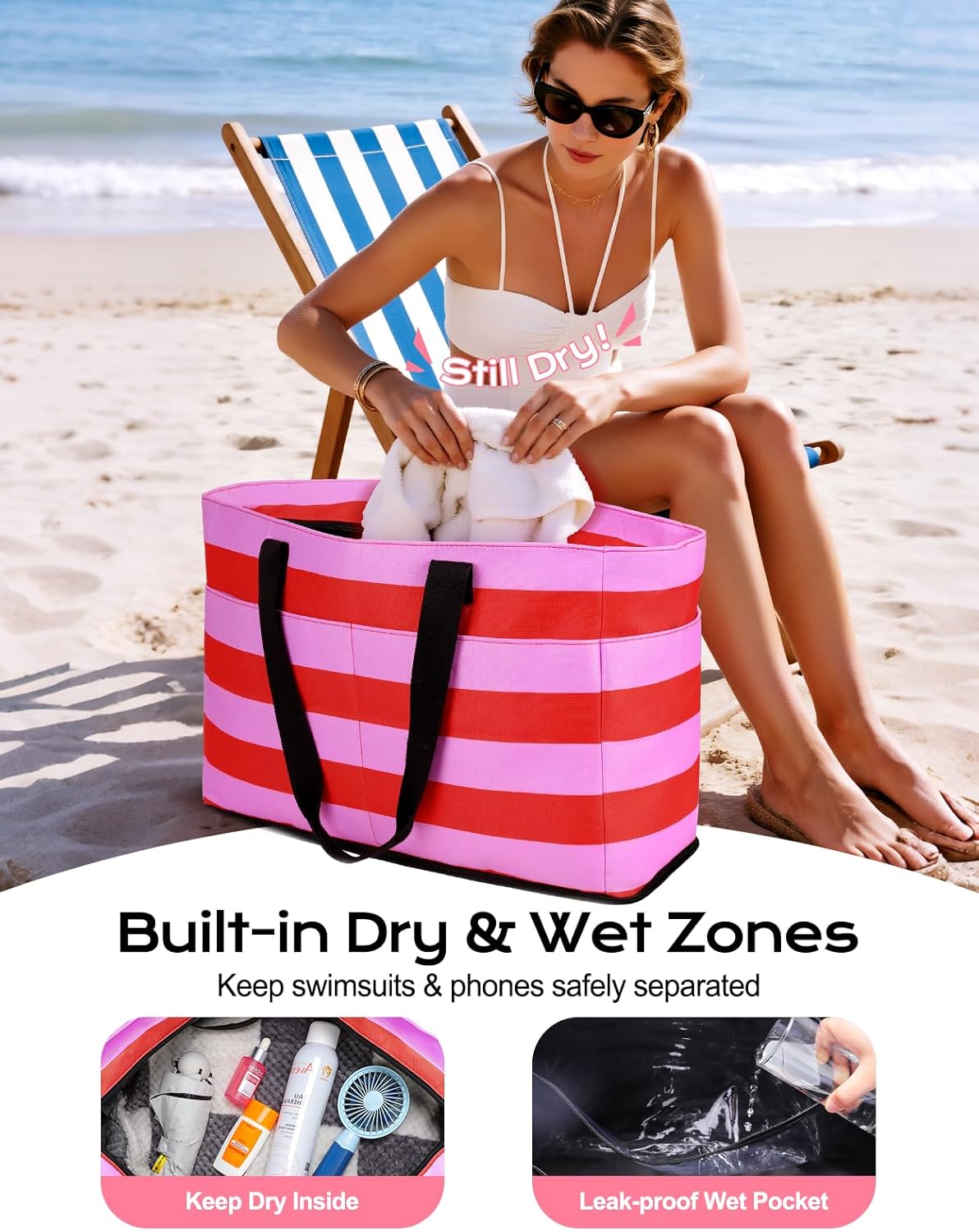 Beach Bag with Cooler, 54L Large Waterproof Sandproof Travel Tote Bag, Duffel Weekender Bag for Packing/Travel/Gym