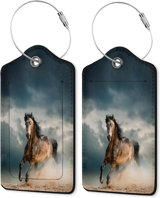 Leather Luggage Tags for Adults Teens,2 Pack Wild Horse in Dust Travel Bag Suitcase Labels with Stainless Steel Loop ID Tags Card Baggage Bag Label