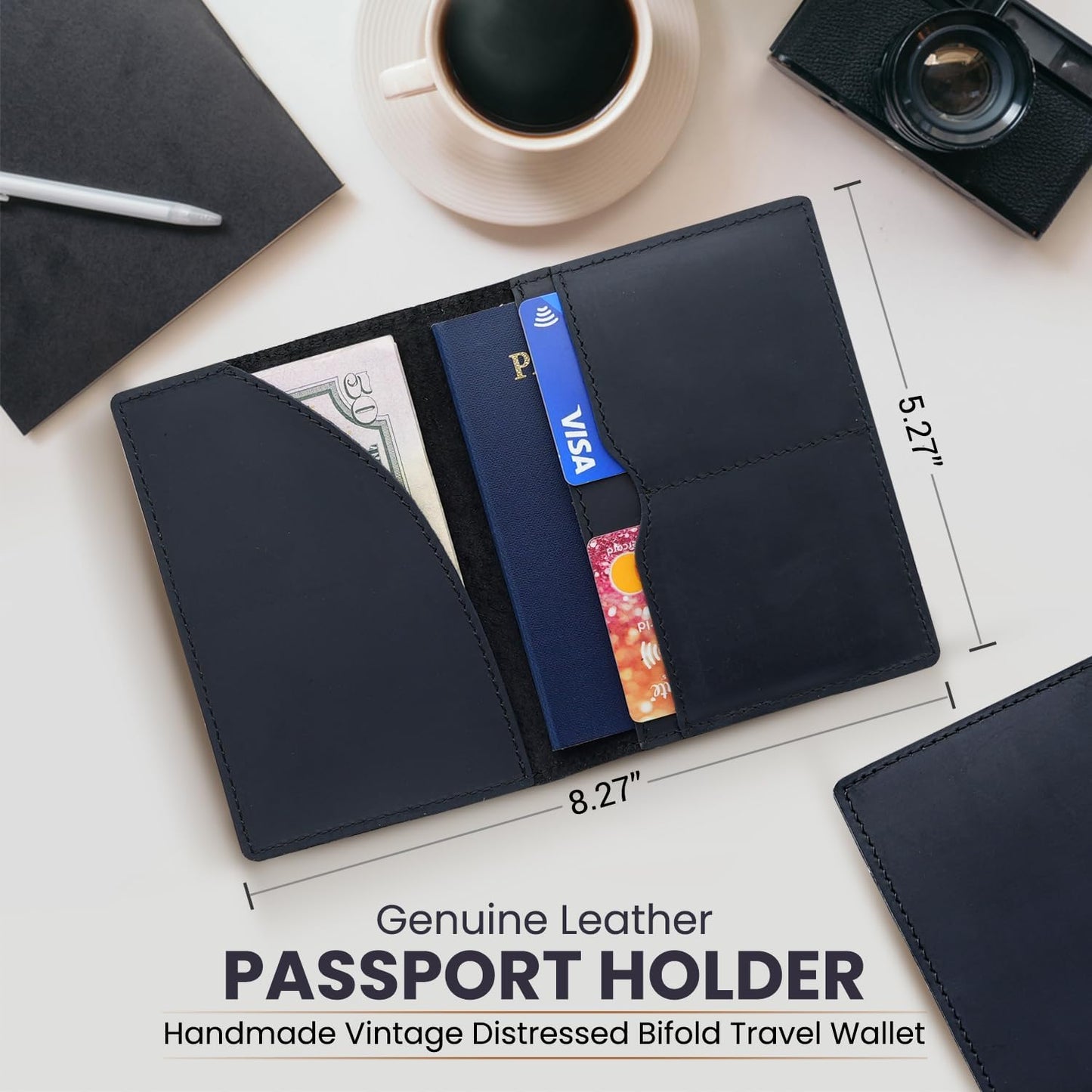 Leather Passport Holder with Travel Wallet, Genuine Leather Passport Cover- Passport Wallet, Leather Folding Wallet for Passports (Oval Cut, Black)