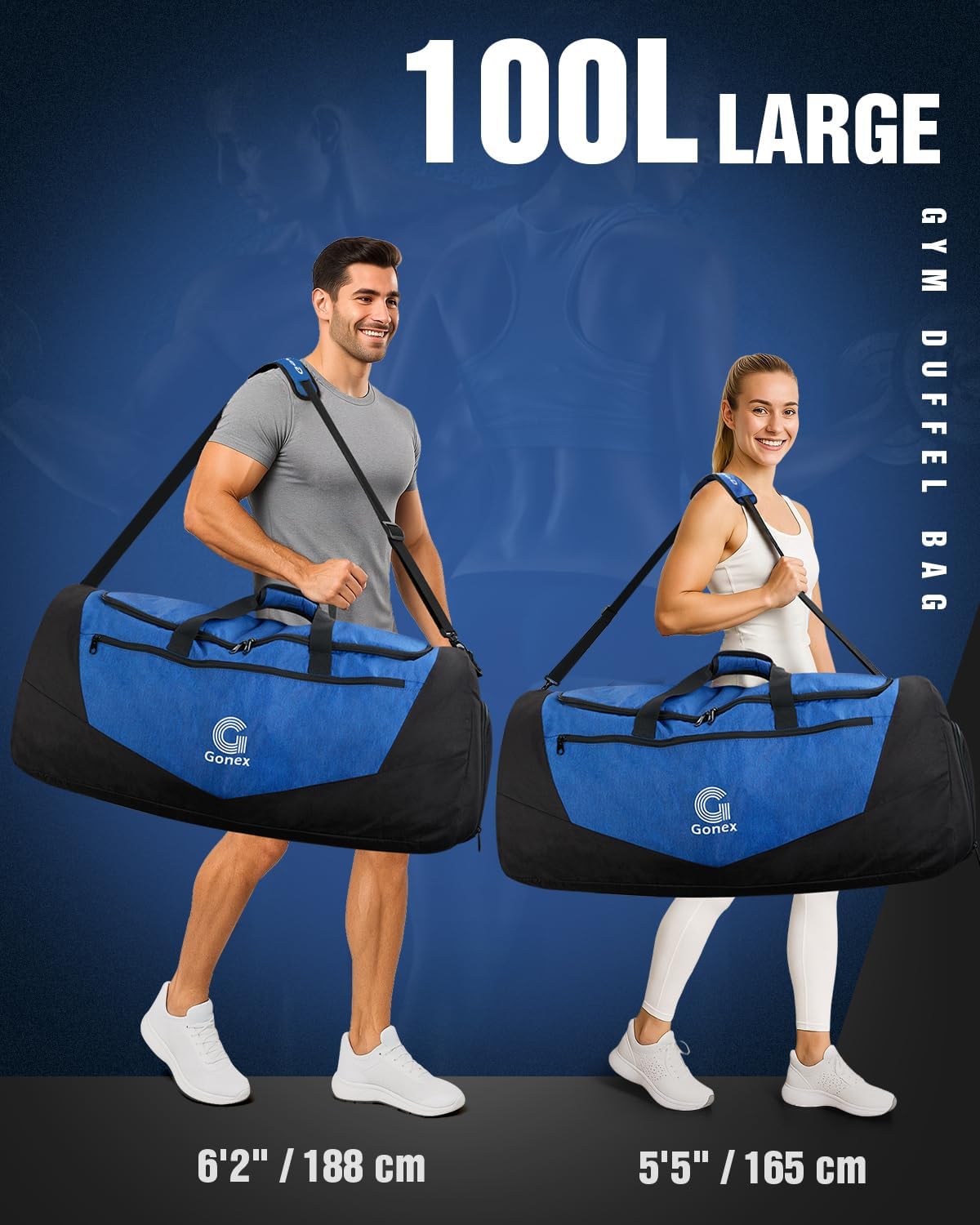 Gonex Gym Duffel Bag with Shoe Compartment Wet Pocket, Large Capacity Sports Duffle Bag for Men Women, Workout & Travel Bag with Multiple Pockets, Black/Blue, Large (100L)