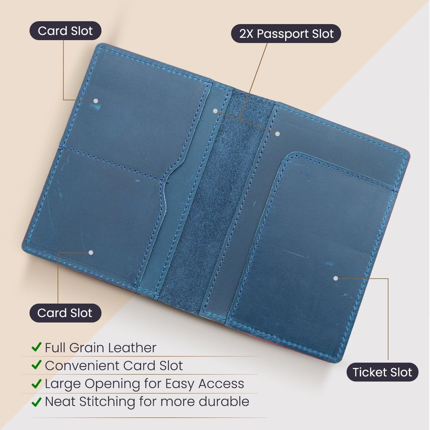 Leather Passport Holder with Travel Wallet, Genuine Leather Passport Cover- Passport Wallet, Leather Folding Wallet for Passports (Straight Cut, Blue)