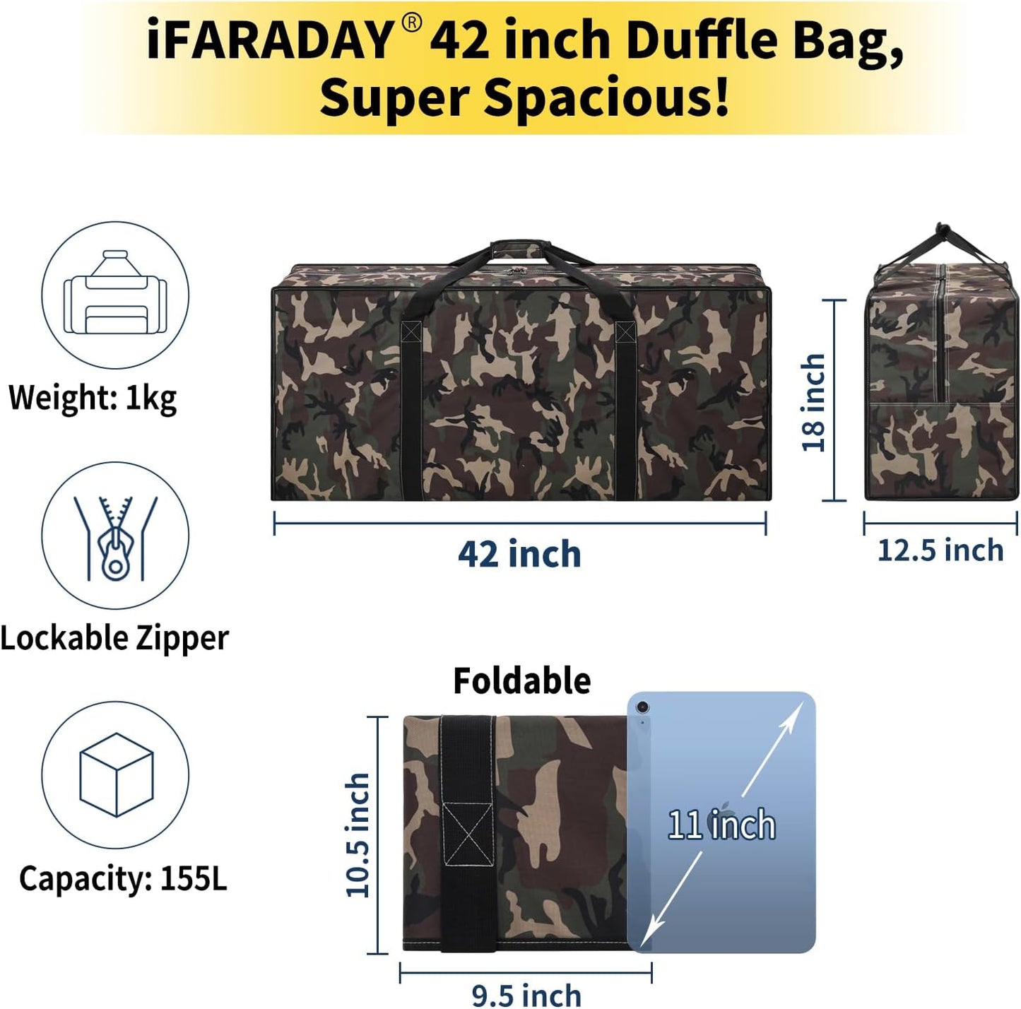155L Extra Large Duffle Bag - 42 inch Heavy Duty & Water Resistant Duffel Bag Durable Luggage Storage Bag for Camping, Travel, Sports (Camo)