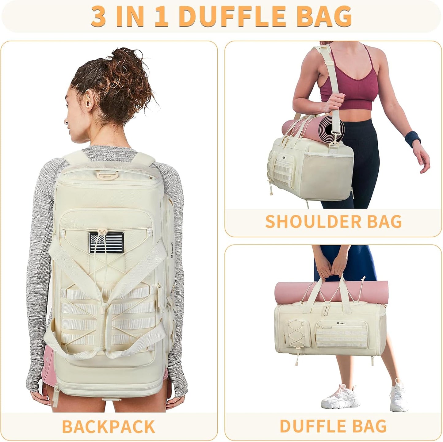 Bosstin Gym Bag for Women & Men, 45L Travel Duffle Sports Duffel Bag Gym Weekender Overnight Backpack with Shoe Compartment (4Beige)