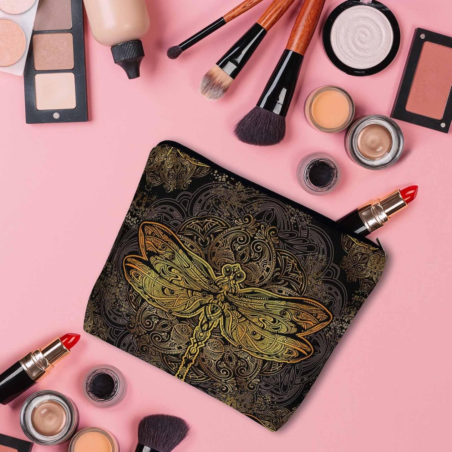 Dragonfly Makeup Bag For Women, Adorable Cosmetic Bag Makeup Bags, Ethnic Mandala Dragonflies Golden Zipper Bag Travel Bags Toiletry Organizers Pouch Bags Washing Bags For Gym Bathroom