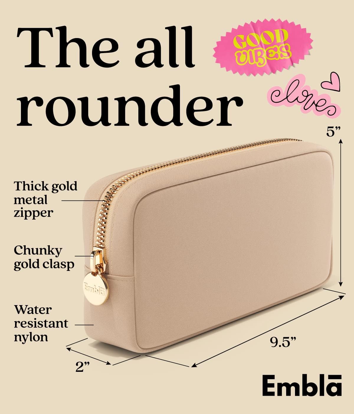 Makeup Bag Travel Cosmetics Pouch and Toiletry Bag, Nylon Zipper Pouch Purse, Cute Make Up Organizer Storage Tote for Women Girls, Waterproof Travel Skincare Case, Small Makeup Bags, Sand