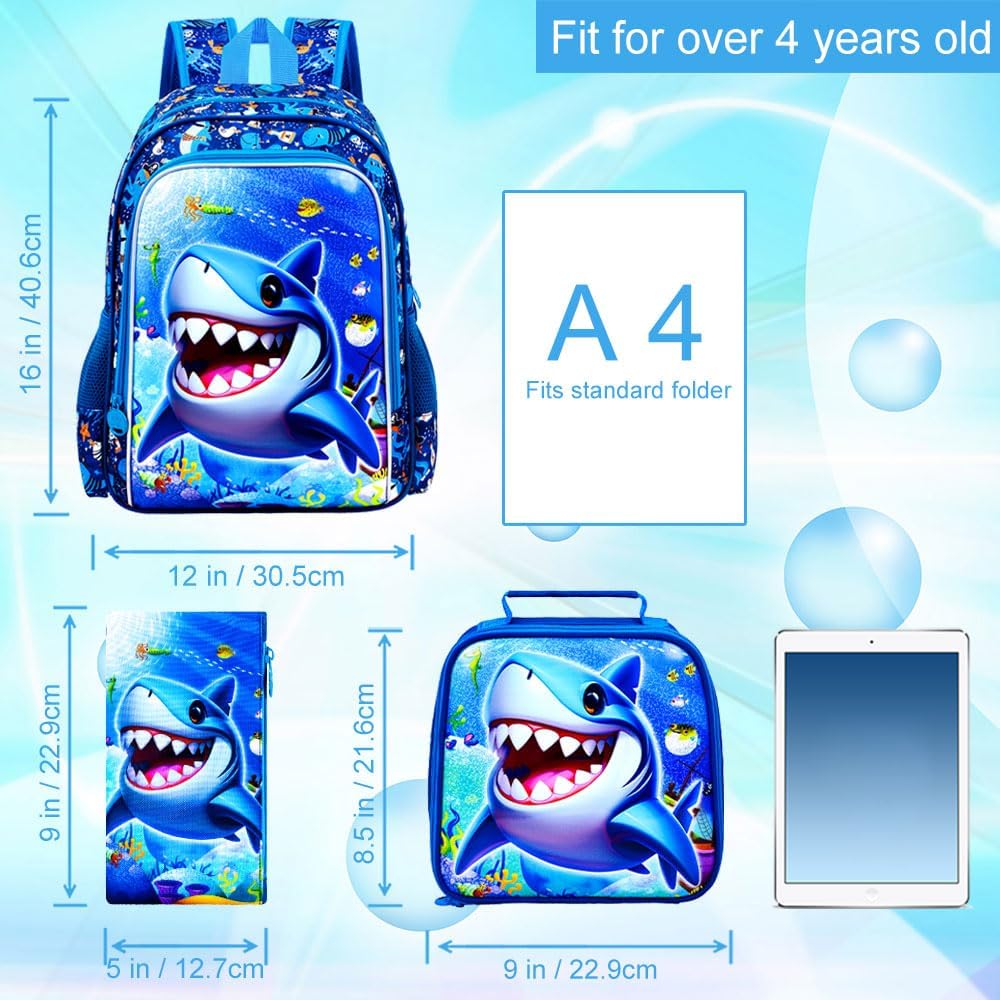 16" Shark Backpack for Boys, 3Pcs Kids Bookbag with Lunch Box, School Backpacks for Elementary Preschool Kindergarten (Blue)