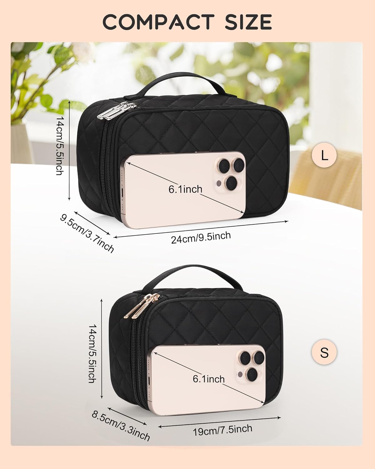 Relavel Small Makeup Bag, Travel Cosmetic Bag with Makeup Brush Compartment, Cute Make Up Pouch for Women, Double Layer Toiletry Organizer for Short Trip, Office - Black