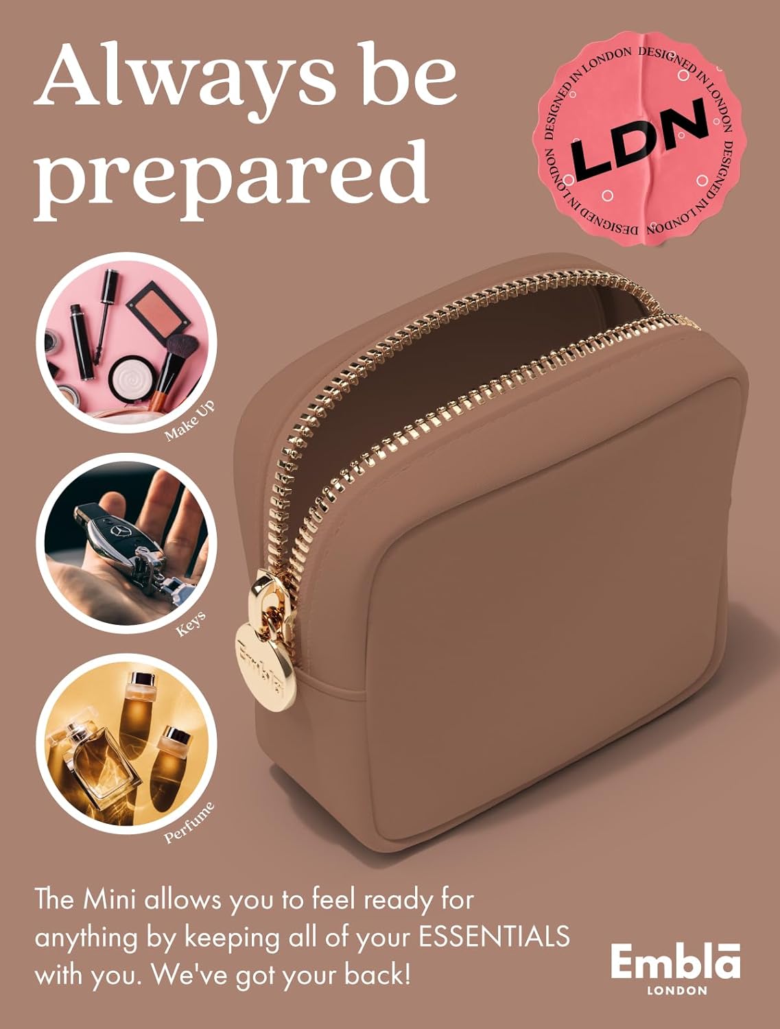 Embla Makeup Bag Travel Cosmetics Pouch and Toiletry Bag, Nylon Zipper Pouch Purse, Cute Make Up Organizer Storage Tote for Women Girls, Travel Skincare Case, Small Makeup Bags, Mocha Mousse