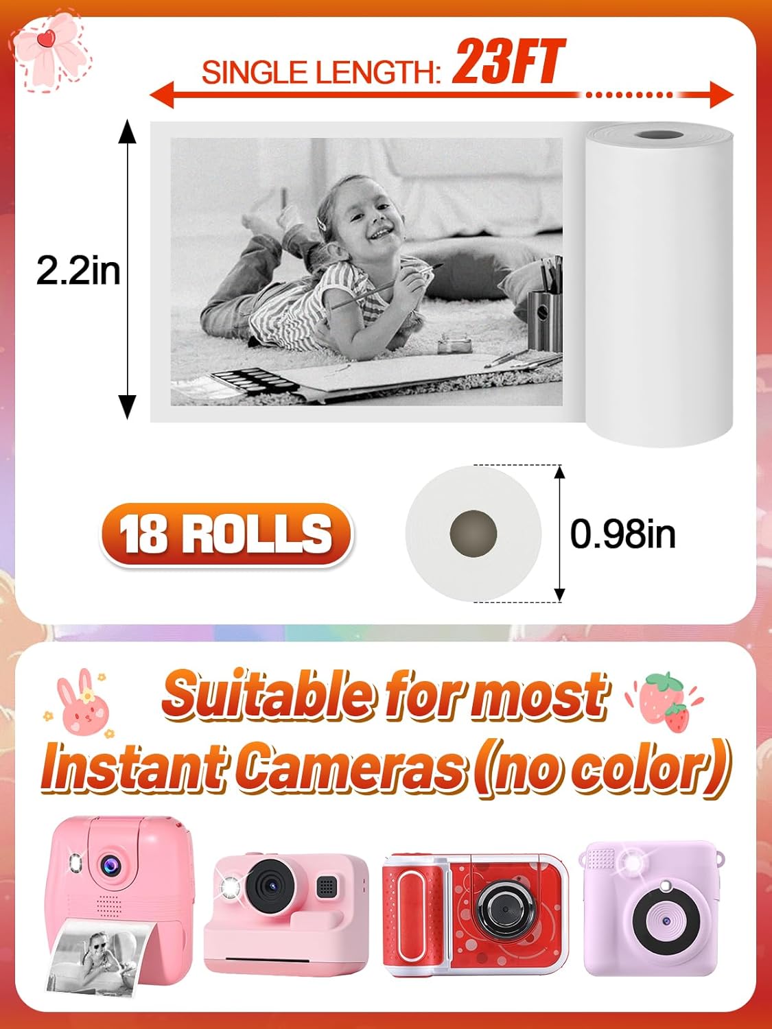 18 Rolls Kids Instant Camera Print Refill Paper - Photo Printer Thermal Paper Rolls, Instant Print Camera Refill Paper for 4 5 6 7 8 9 10 Year Old Girls Boys Birthday Gifts