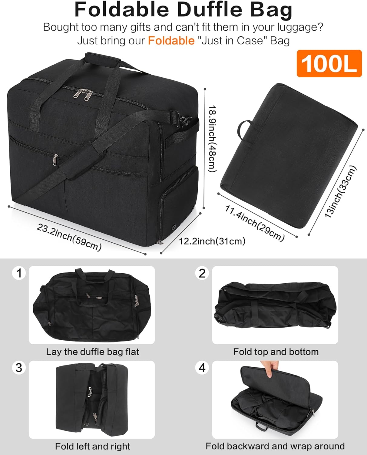 100L Foldable Large Travel Duffle Bag for Men and Women, Packable Duffel Bags with Shoe Compartment, Water Repellent & Tear Resistant (Black)