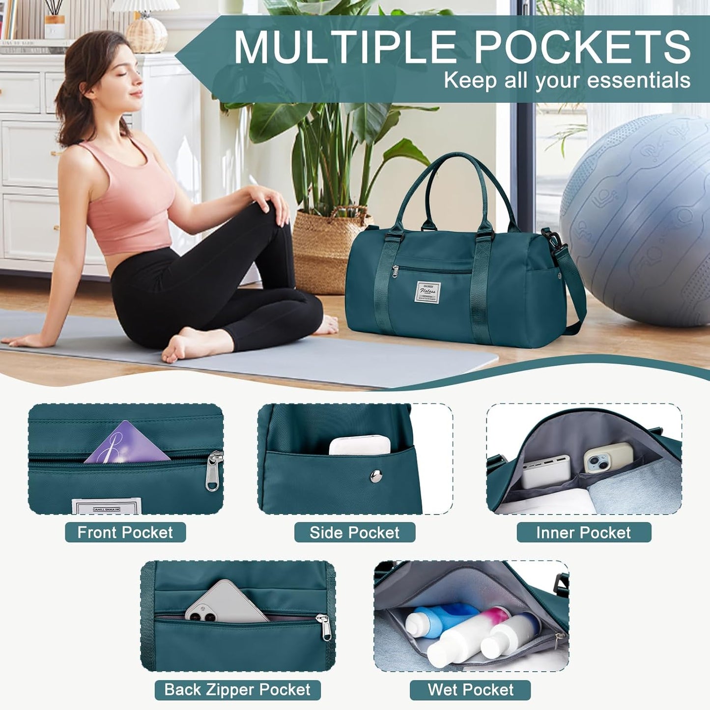 Gym Bag for Women with Shoes Compartment,Small Duffel Bag Sport bag with Toiletry Bag Overnight Travel Tote Bags Weekender Carry on Bag Personal Item Bag for Airlines Peacock Blue