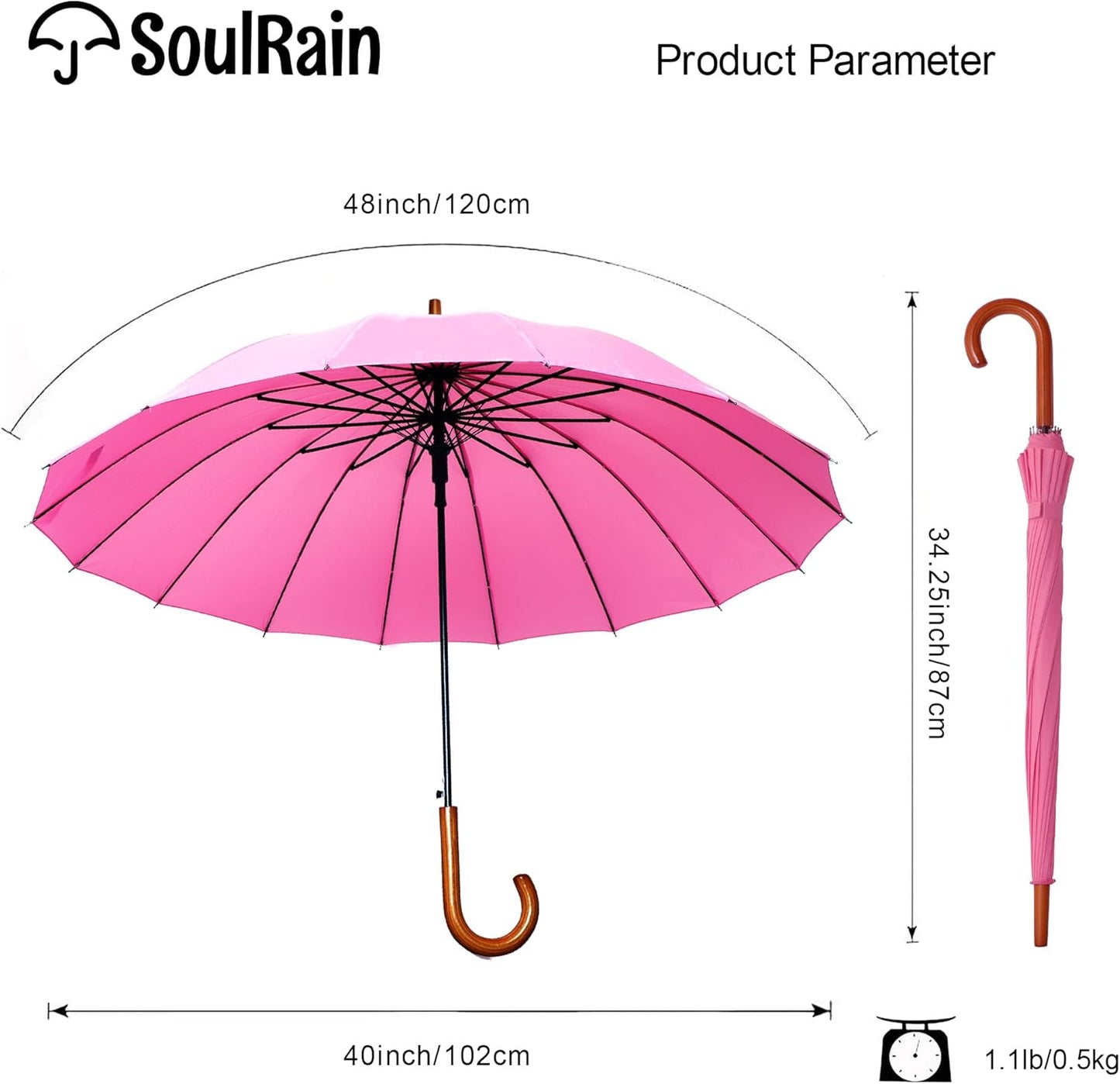 SoulRain 16 Ribs 48" Stick Umbrella Auto Open Solid Color Fashionable and Simple，Arc Classic Wood Handle，Windproof Unbreakable Stick Rain Umbrella