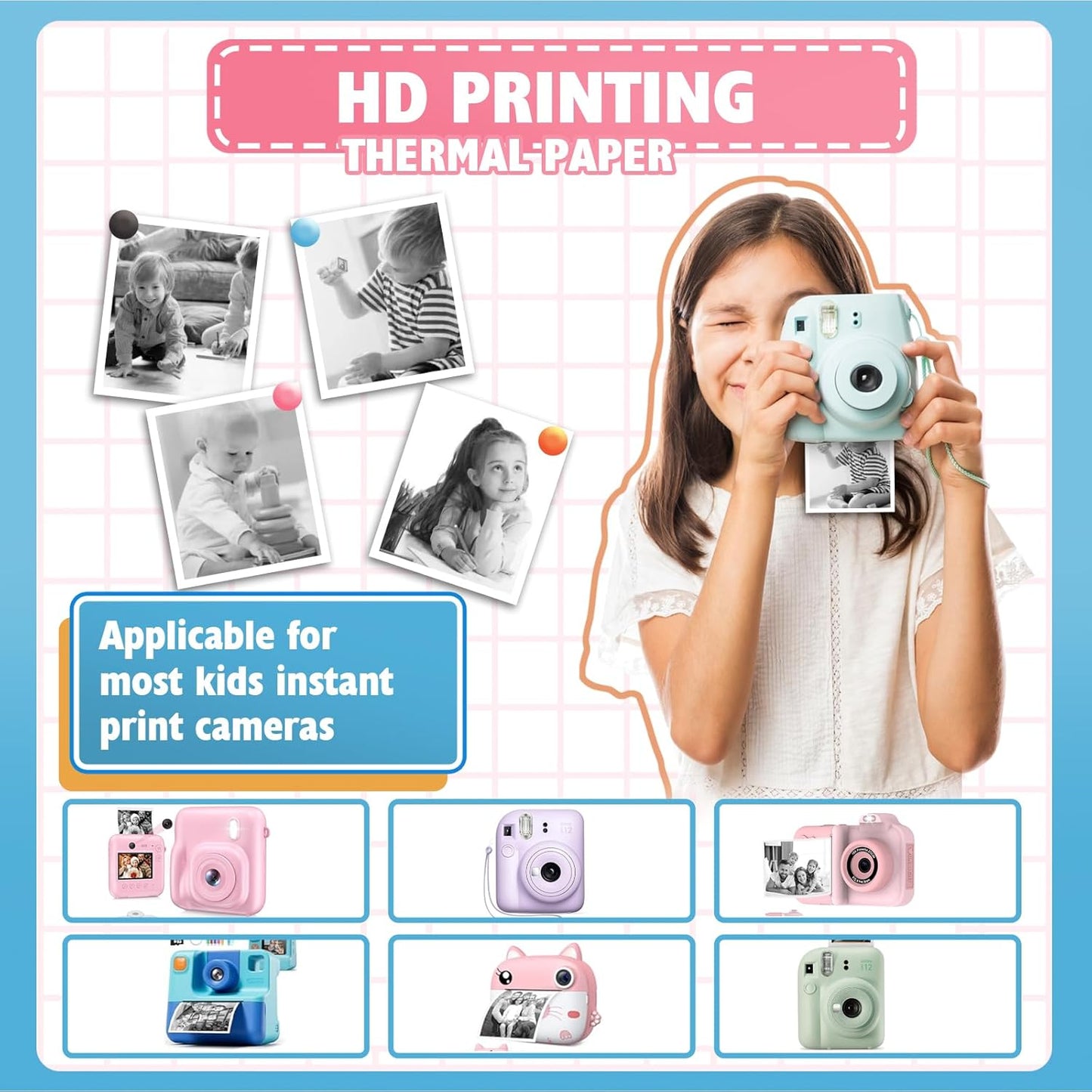 Thermal Paper, 12 Rolls Kids Instant Camera Refill Print Paper, Atnadov HD Thermal Paper (BPA Free) Kids Instant Camera Refill Print Paper Perfect for Most Kids Cameras (White-12 Rolls)