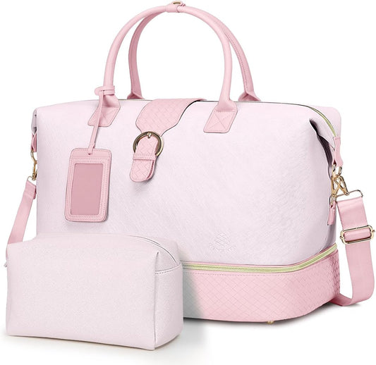 Leather Weekender Bags for Women, Travel Duffel Bag PU Overnight Bag Carry On Tote Bag with Shoe Compartment Wet Pocket