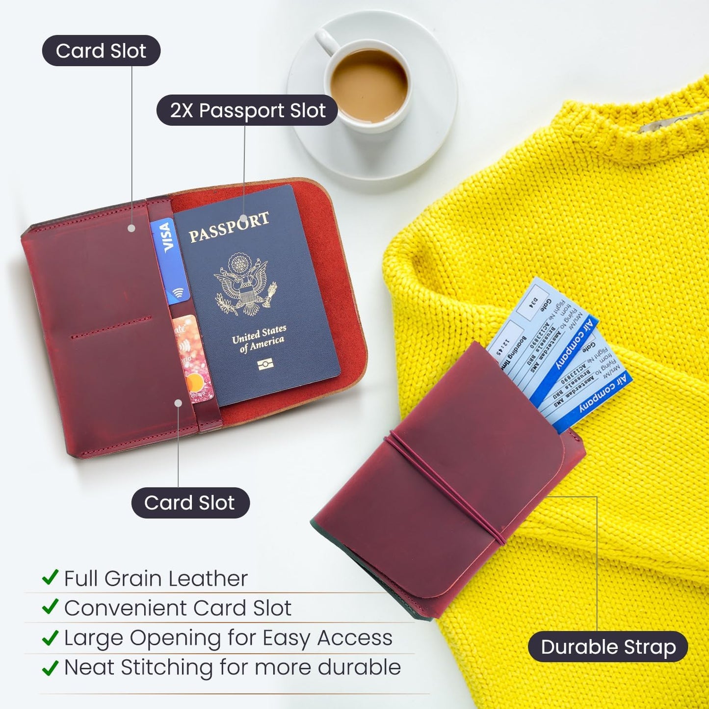 Leather Passport Holder with Travel Wallet, Genuine Leather Passport Cover- Passport Wallet, Leather Folding Wallet for Passports (Strap, Red)