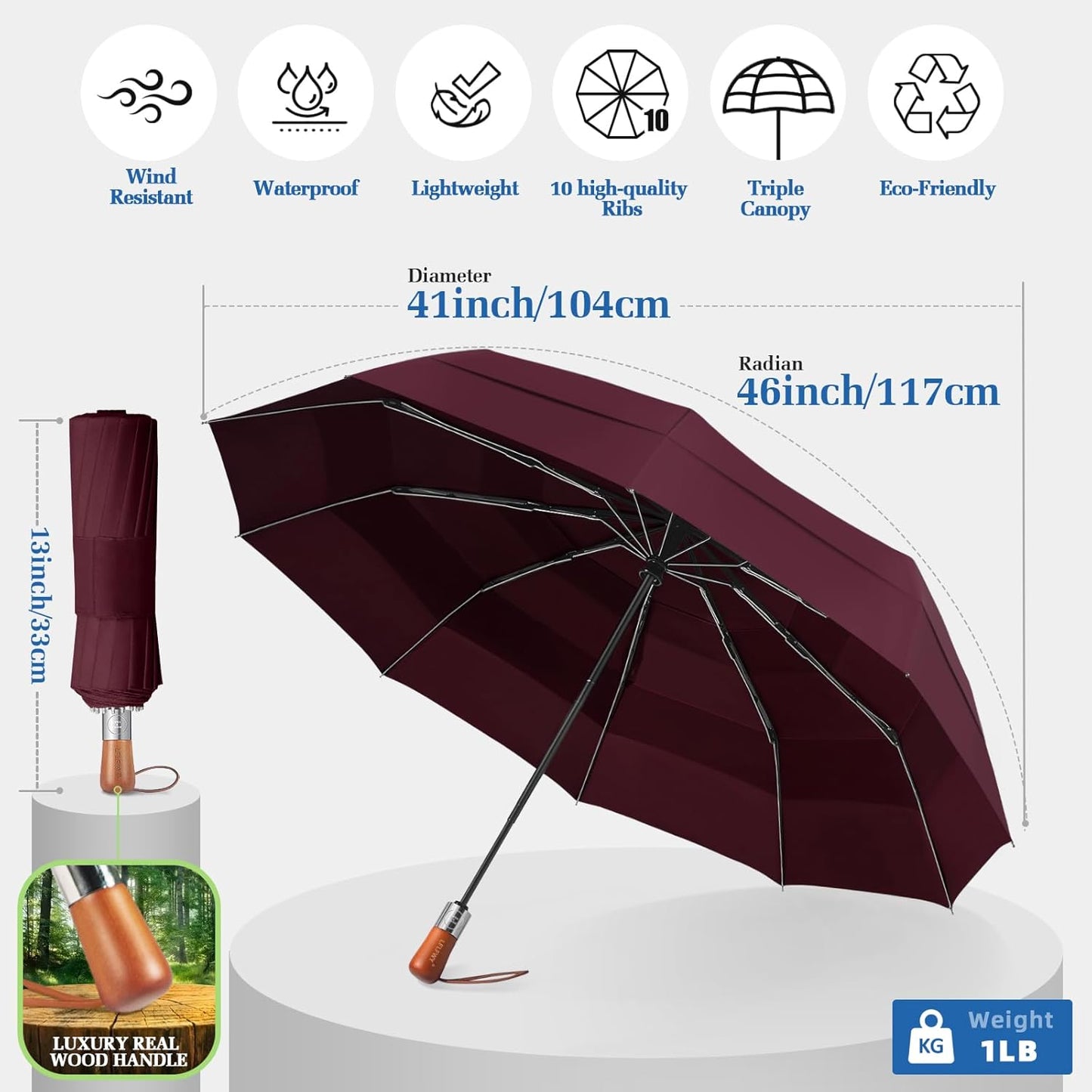 Umbrella Strong Windproof, Triple-Layer Canopy, 10 Fiberglass Ribs, Auto Open/Close, Wooden Handle, Sleeve with Anti-Loss Hook, Umbrellas for Travel & Commute & Daily Use & Gift
