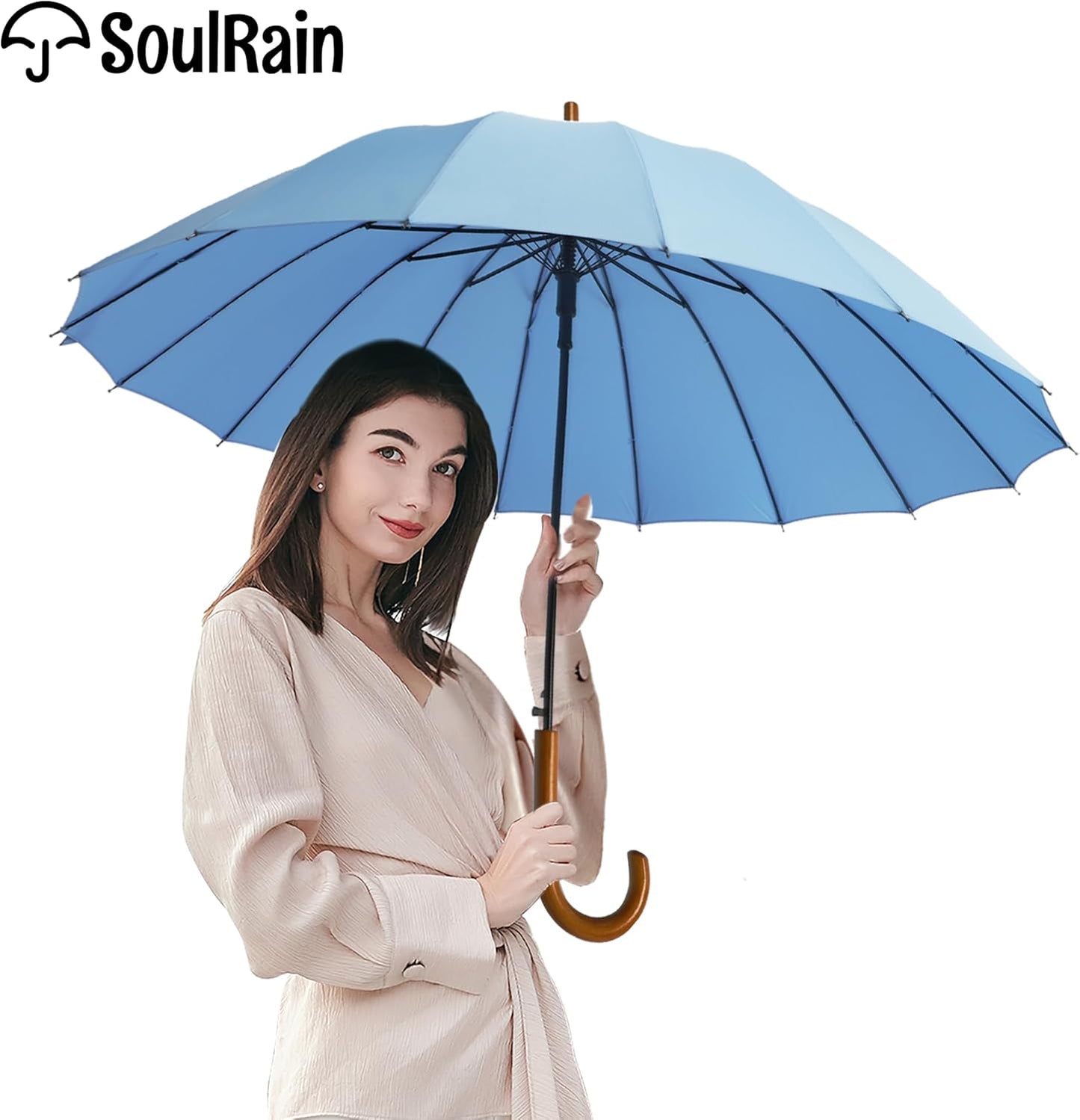 SoulRain 16 Ribs 48" Stick Umbrella Auto Open Solid Color Fashionable and Simple，Arc Classic Wood Handle，Windproof Unbreakable Stick Rain Umbrella
