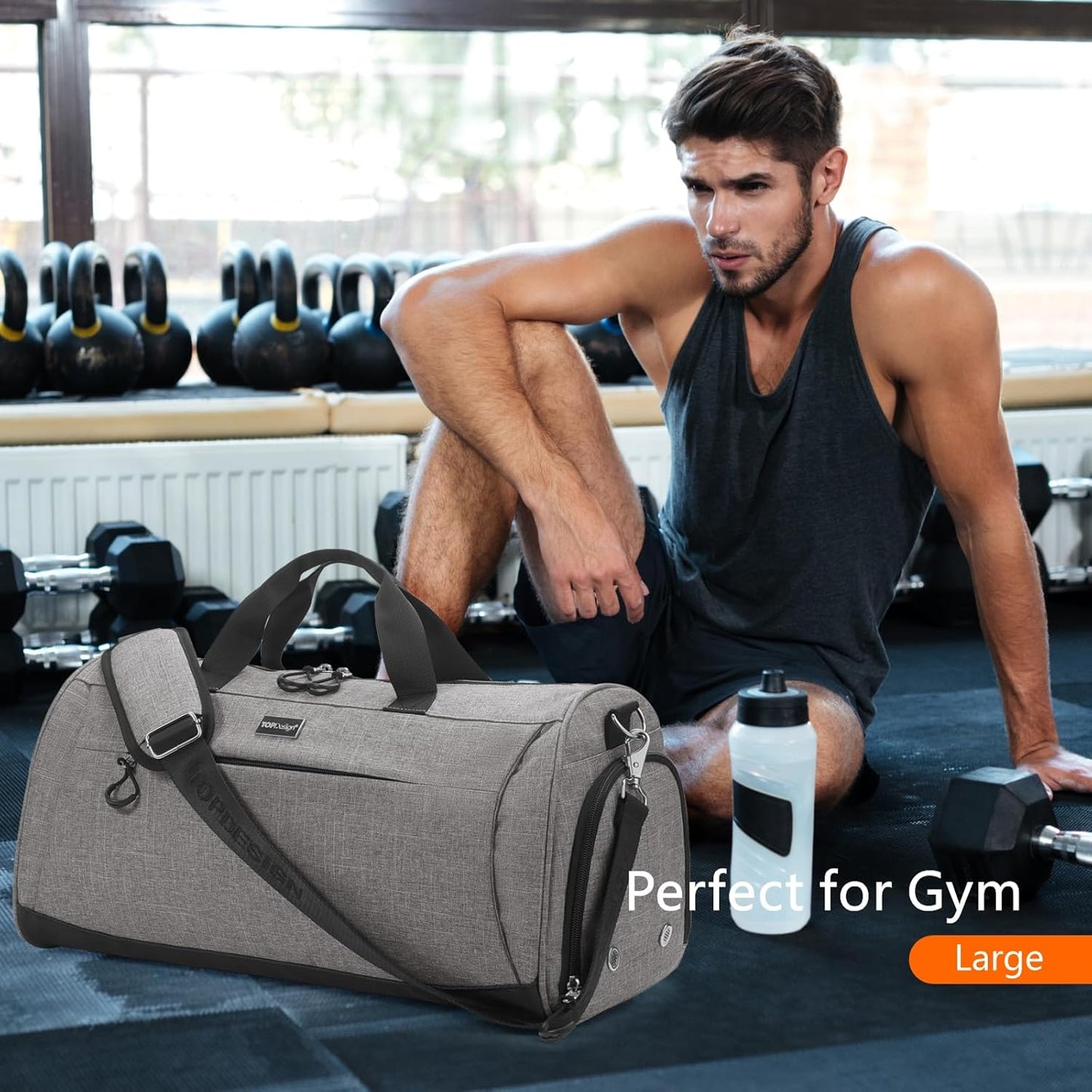 TOPDesign Gym Bag for Women & Men, Unisex Duffel Bag with Shoe Compartment & Wet Pocket for Travel Sports Gym (M Textured Grey)