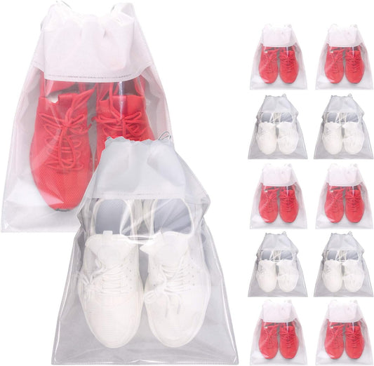 12 Pack Portable Shoe Bags for Travel Large Shoes Pouch Storage Organizer Clear Window with Drawstring for Men and Women White
