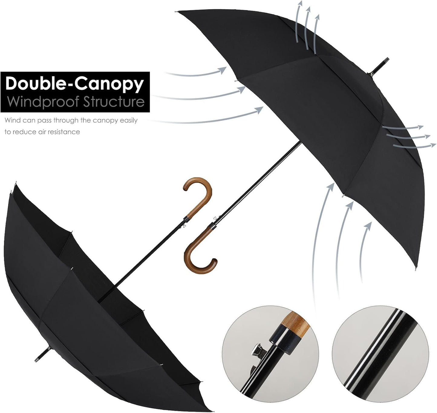 ZEKAR Wooden J-Handle Umbrella, 54/60 / 68 inch, Classic Versions, Large Windproof Stick Umbrella, Auto Open for Men and Women (Black, 60”-pack of 2)