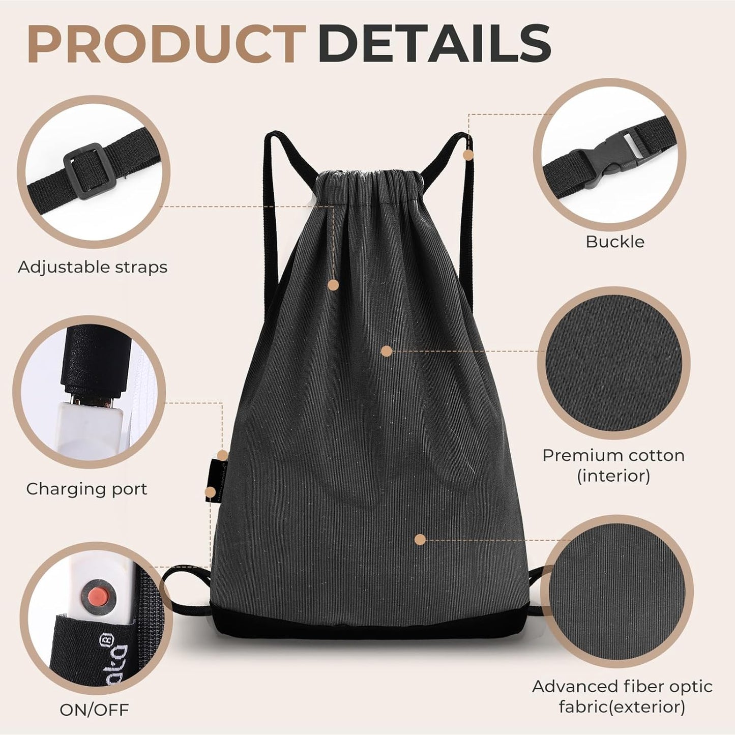 LED Backpack Drawstring Bag Gym Bags Light up Purse 7 Colors Rave Gear Rucksack for Bike Hiking festival carnival (Black)