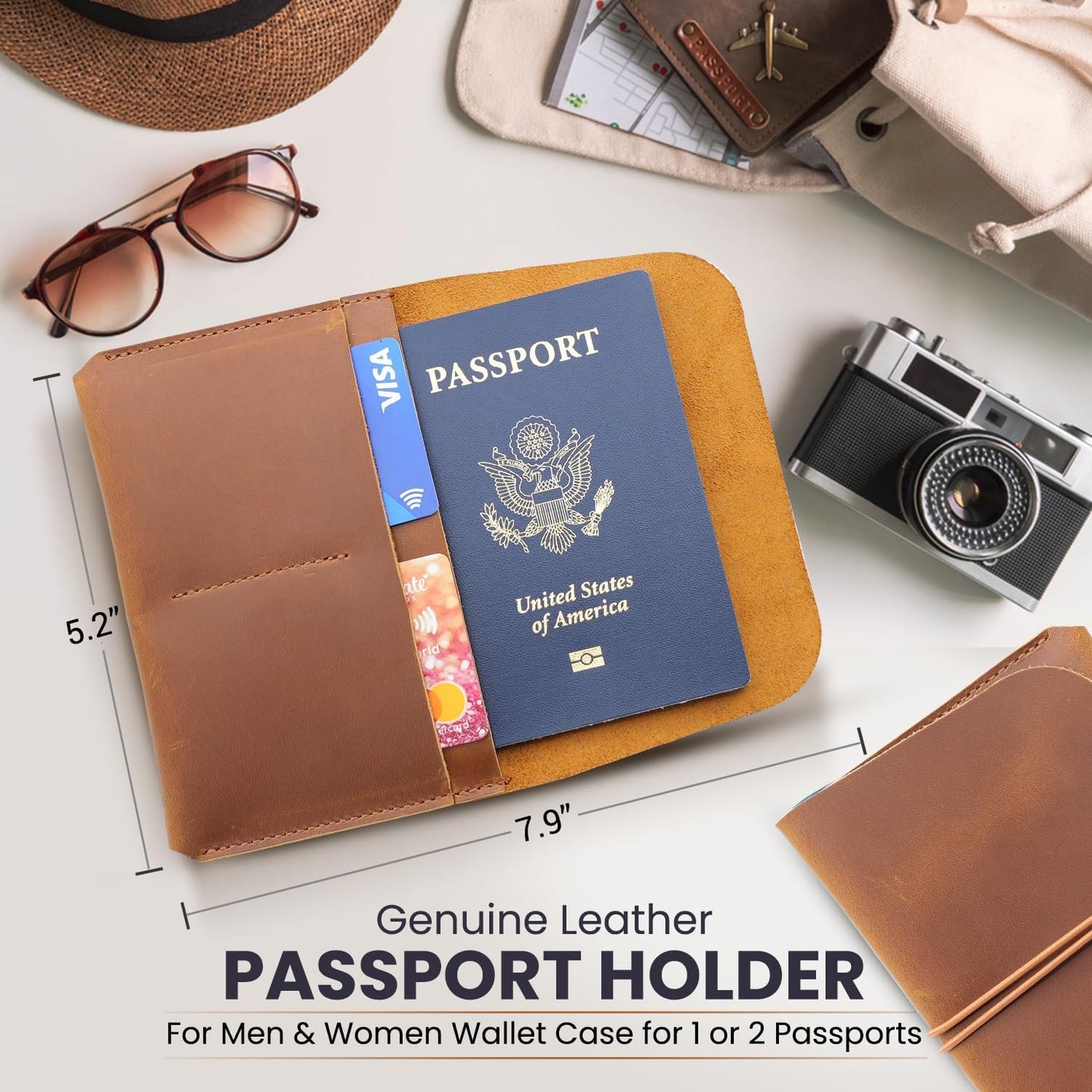 Leather Passport Holder with Travel Wallet, Genuine Leather Passport Cover- Passport Wallet, Leather Folding Wallet for Passports (Strap, Brown)