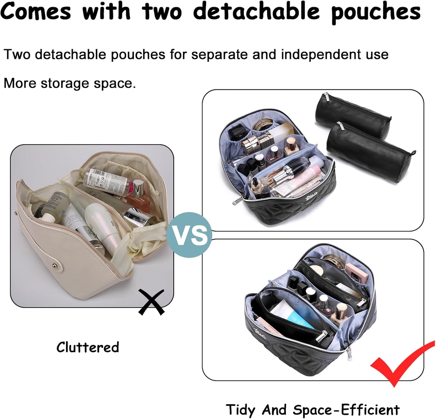 BOYATU Travel Makeup Bags for Women Cosmetic Bag: Puffy Make up Bags Set of 3 - Vegan Leather Makeup Organizer - Waterproof Large Toiletry Bag with Compartments - Travel Essentials (H-1-Black)