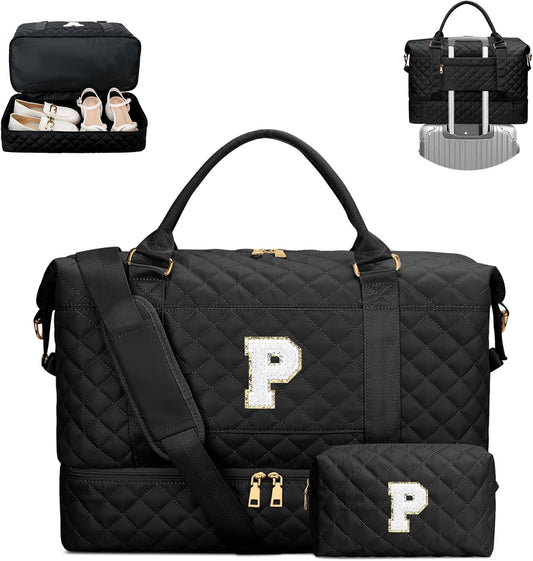 Gifts for Mom for Daughter Birthday Christmas Initial Travel Duffle Bag Quilted Weekender Bags Carry-On Overnight with Cosmetic Bag, Gym Bag with Shoe Compartment, Black P