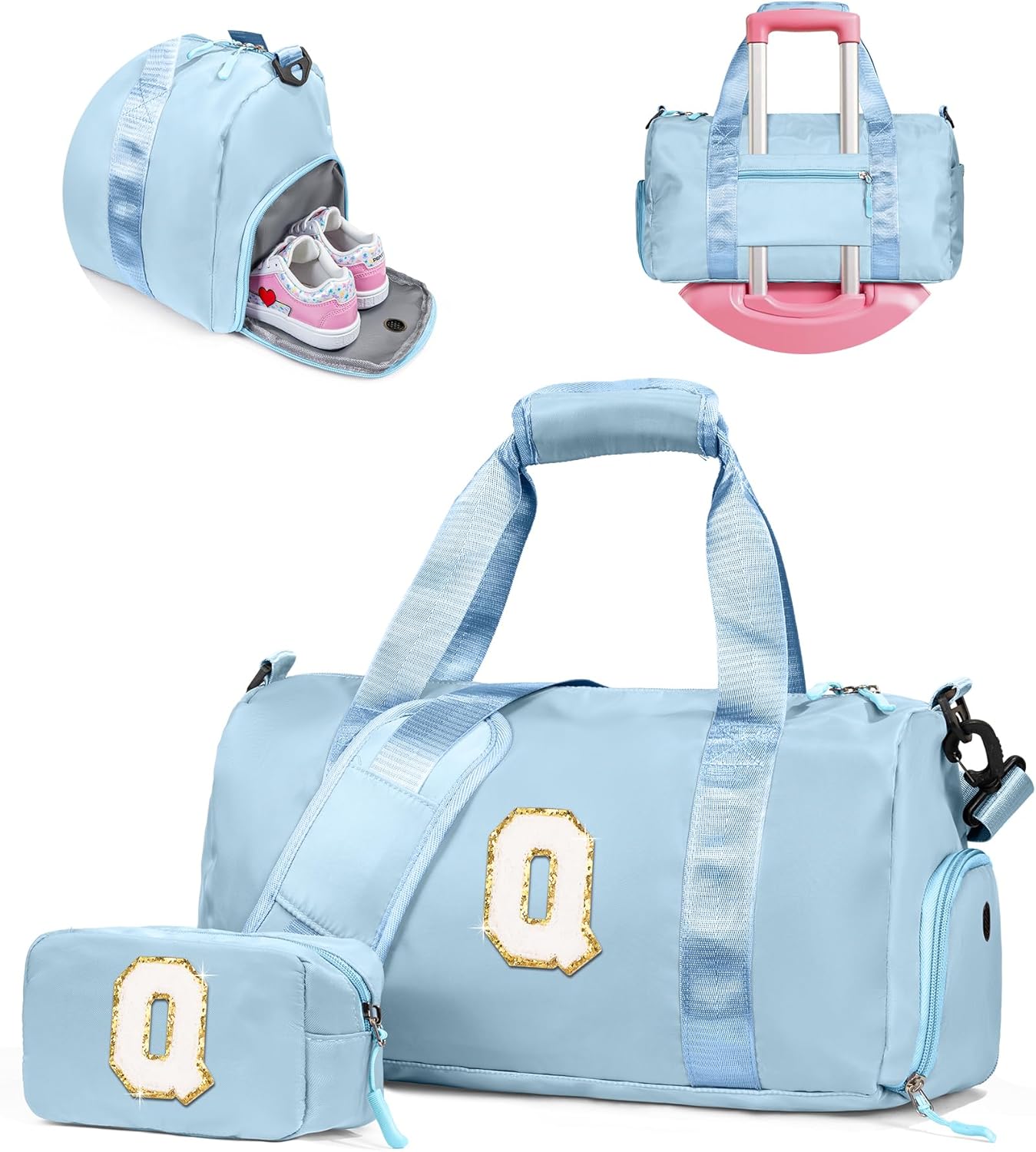 Gifts for 4 Year Old Girls-Girl Gym Bag with Shoe Compartment, Kid Personalized Weekender Overnight Bags, Initial Travel Tote with Makeup Pouch, Gifts for Teen Daughter (Letter Q)