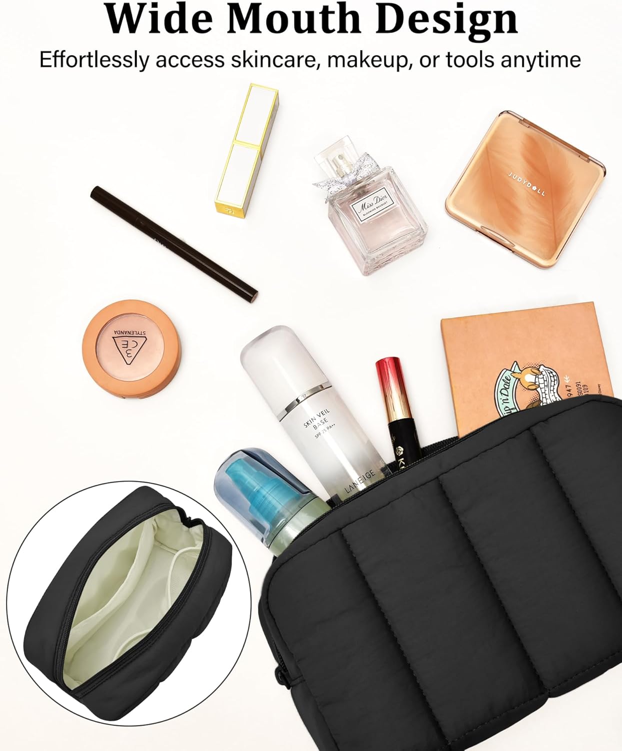 oscaurt 2 Pcs Makeup Bag Travel Toiletry Bag for Women Puffy Padded Cosmetic Pouch Purse Wide-open Makeup Organizer Case Travel Essentials