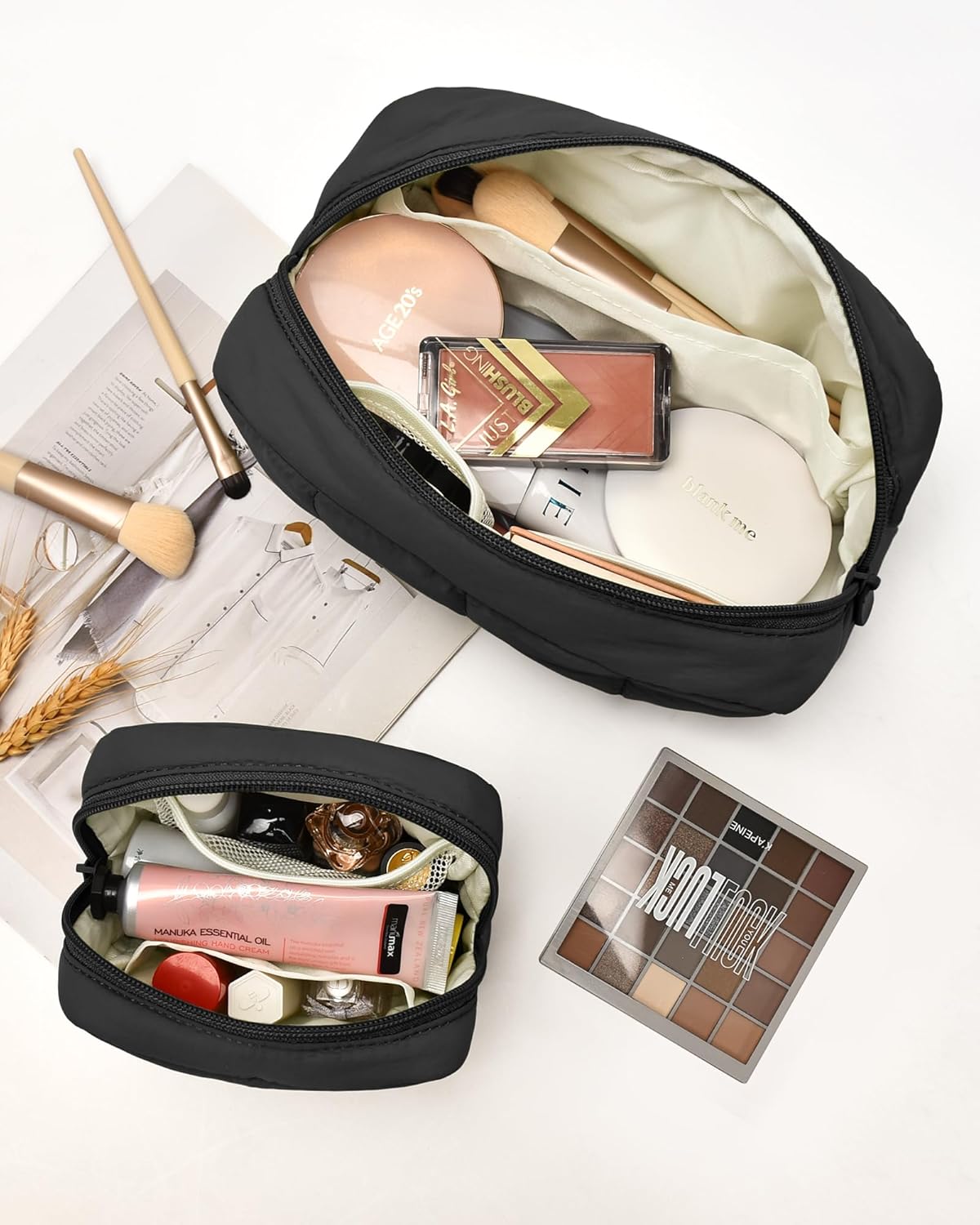 oscaurt 2 Pcs Makeup Bag Travel Toiletry Bag for Women Puffy Padded Cosmetic Pouch Purse Wide-open Makeup Organizer Case Travel Essentials