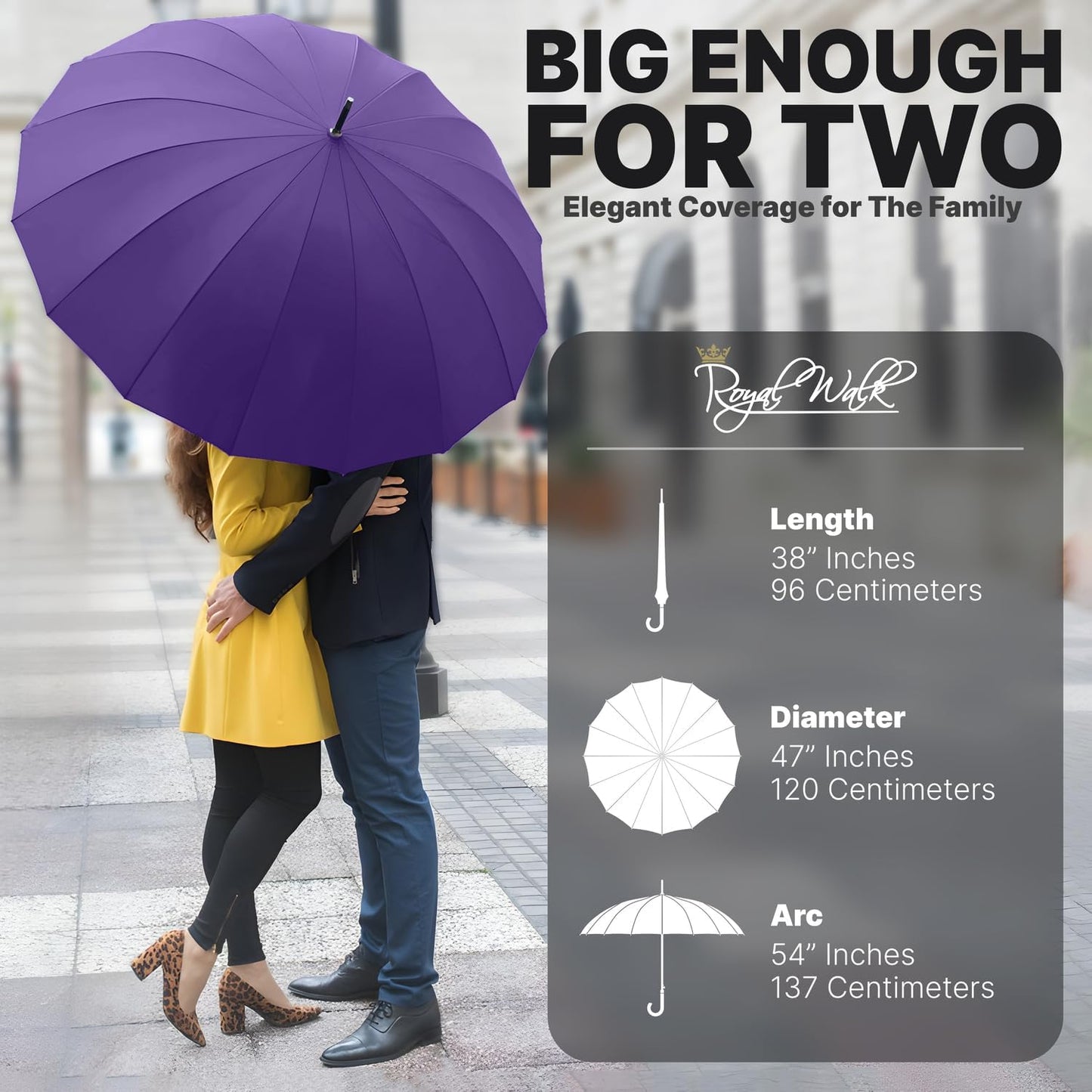 Royal Walk Windproof Large Umbrella for Rain 54 Inch Automatic Open for 2 Persons Wind Resistant Big Golf Umbrellas for Adult Men Women Classic Wooden Handle Fast Drying Strong 16 Ribs Travel 120cm