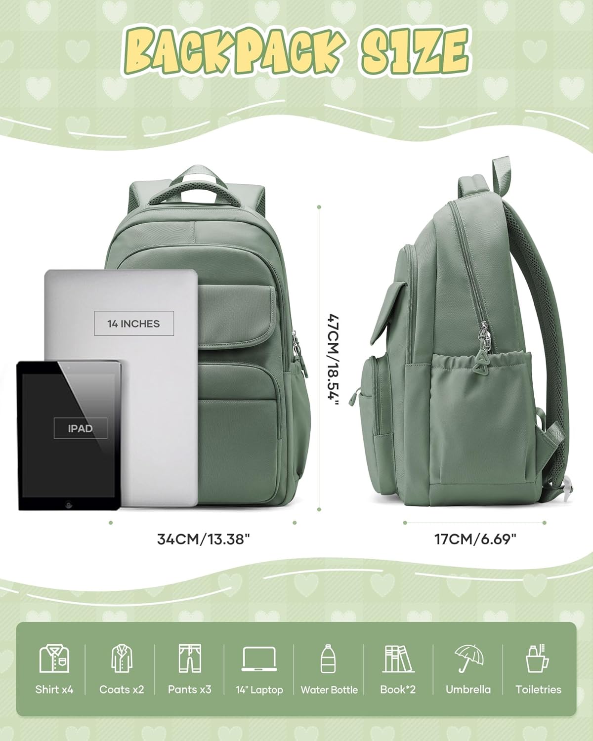 School Backpack for Women Men Cute Backpack for College Students Lightweight High School bag for Teens Girls Boys Waterproof Casual Daypacks Bookbag(Green)