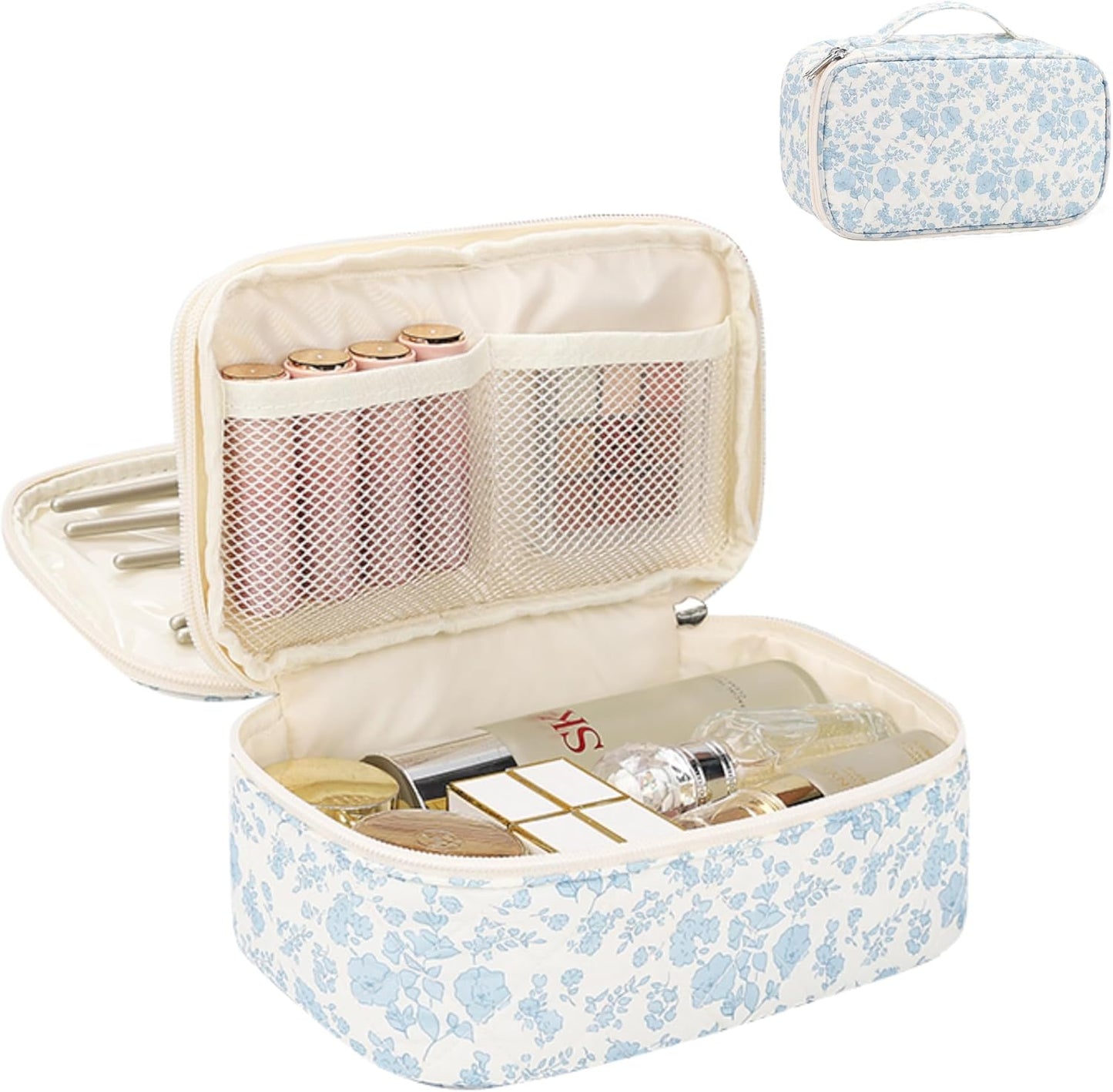 Relavel Travel Makeup Bag, Small Floral Cosmetic Bag with Makeup Brush Compartment, Portable Makeup Pouch for Women, Double Layer Makeup Organizer Bag Cute Toiletry Bag