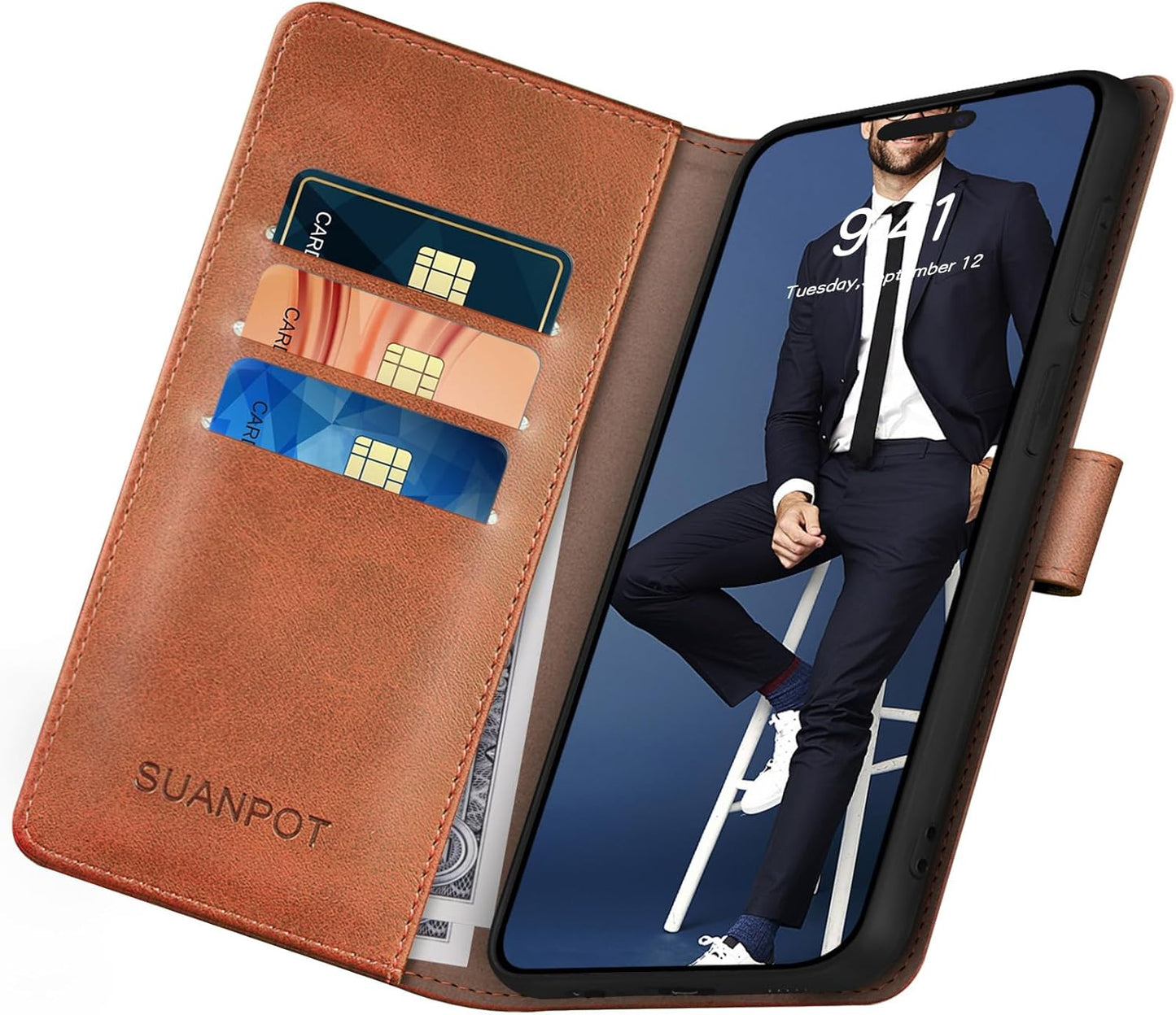 SUANPOT Compatible with iPhone 17 Pro Max 6.9" Wallet case with RFID Blocking Credit Card Holder,Flip Book PU Leather Protective Cover Women Men for Apple 17 Pro Max Phone case Light Brown