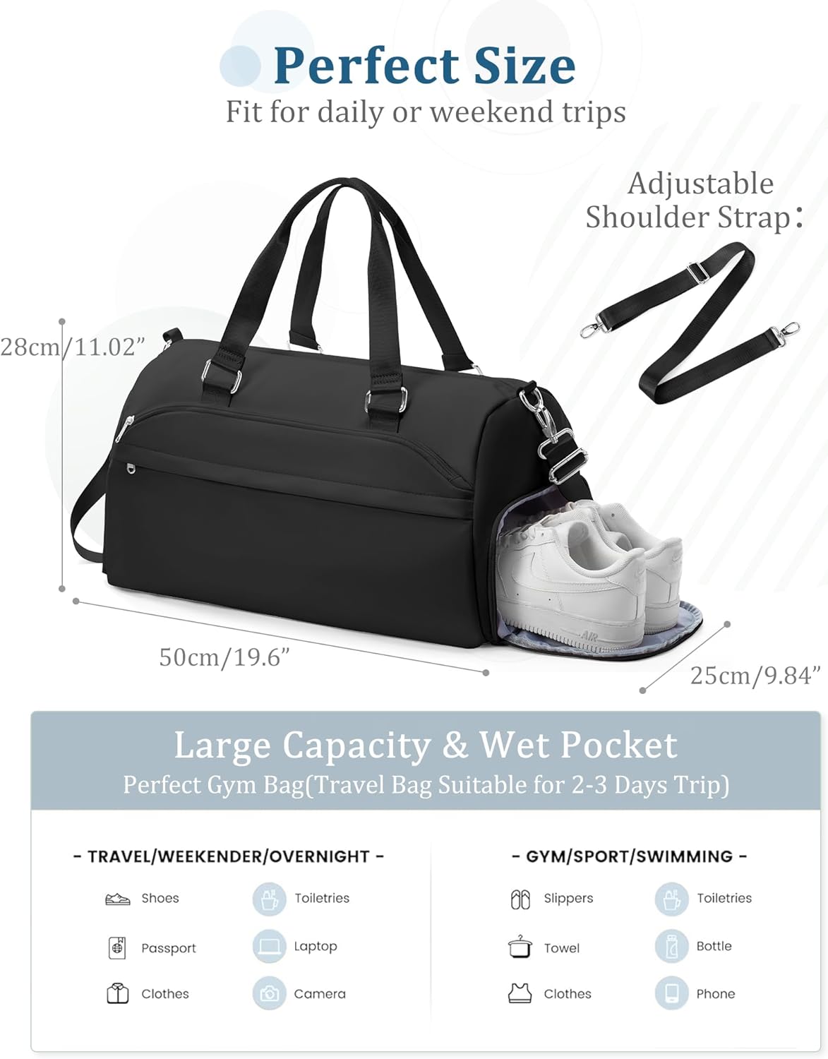 Gym Bag for Women with Shoe Compartment,Travel Duffel Bag for Men Sports Gym Tote Bags Carry on Overnight Weekender Bags Personal Item Travel Bag Swimming Yoga Workout Bag Black