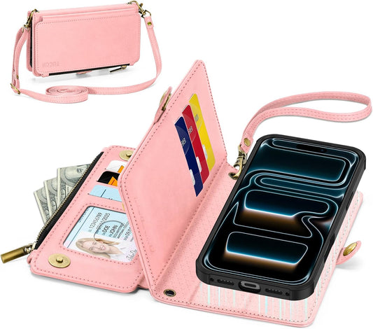 TUCCH Detachable Crossbody Wallet Case for iPhone 17 Pro 6.3", 9 Card Slots RFID Blocking | Stand | Lanyard Wrist Strap | Wireless Charging | Zipper Pocket | PU Leather Magnetic Flip Cover | Rose Gold