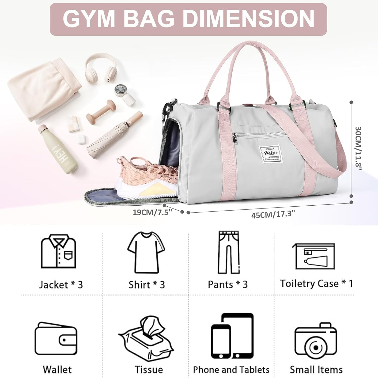 Gym Bag for Women with Shoes Compartment Small Duffel Bag Sport bag with Toiletry Bag Overnight Travel Tote Bags Weekender Carry on Bags Personal Item Bag for Airlines Grey Pink