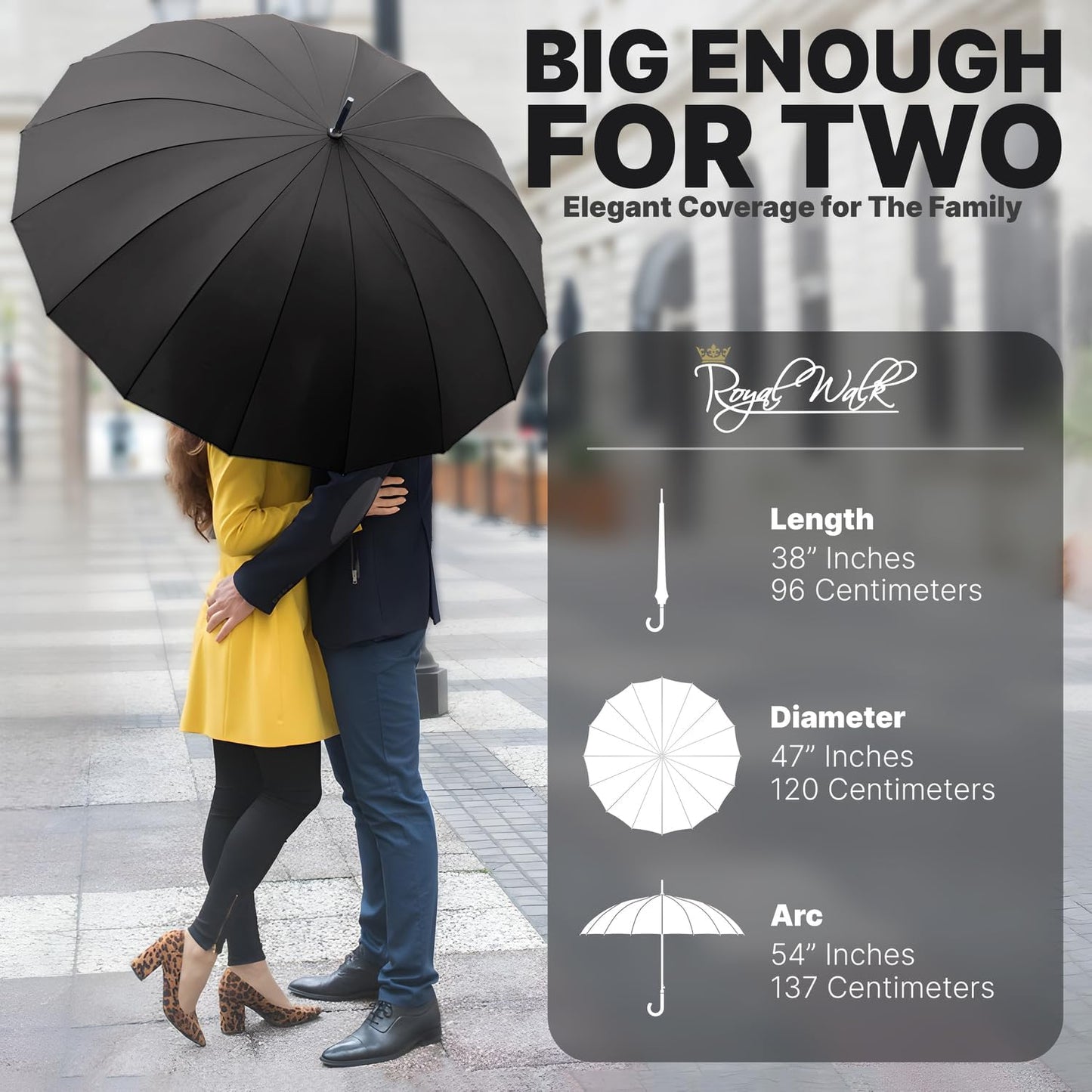 Royal Walk Windproof Large Umbrella for Rain 54 Inch Automatic Open for 2 Persons Wind Resistant Big Golf Umbrellas for Adult Men Women Classic Wooden Handle Fast Drying Strong 16 Ribs Travel 120cm