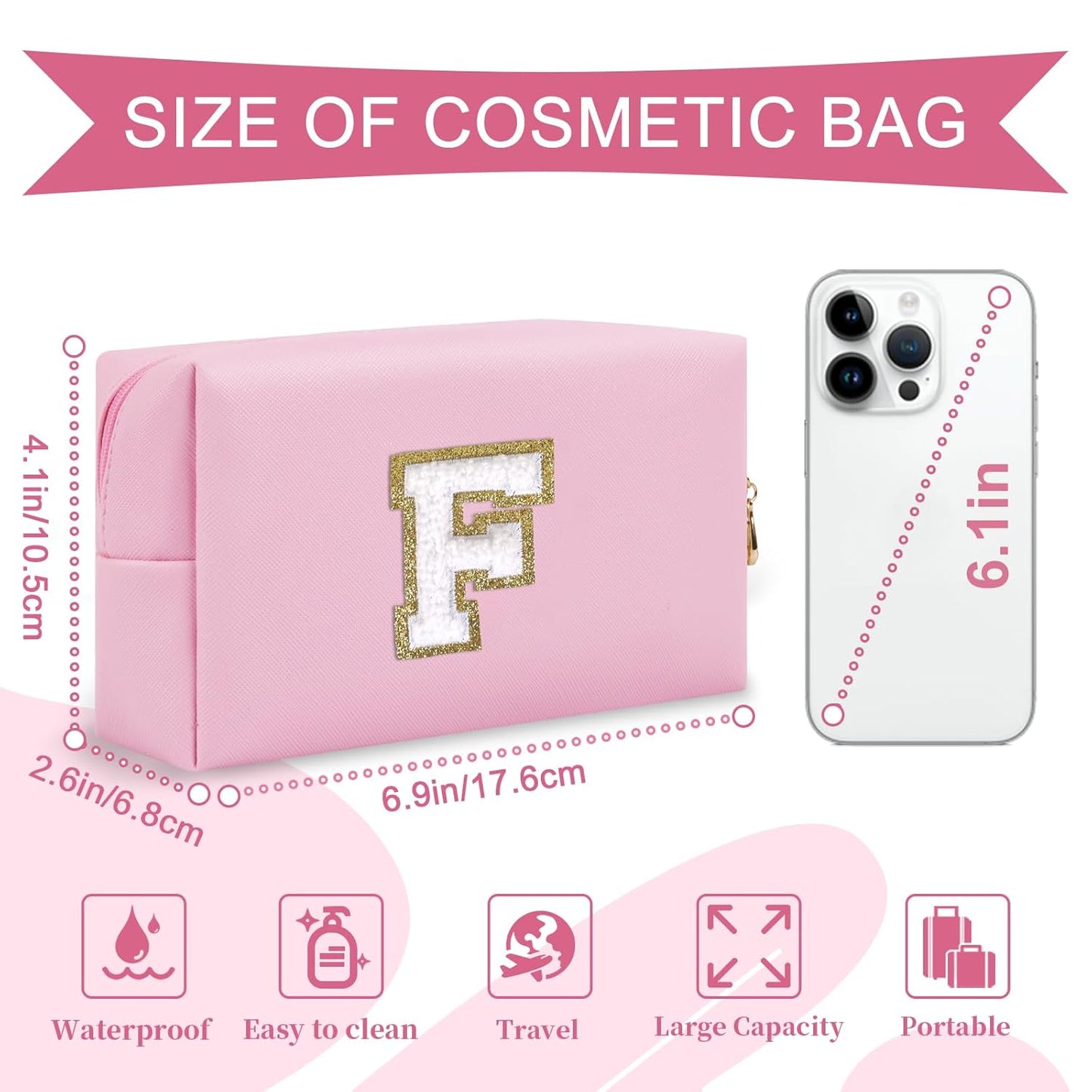 Personalized Initial A-Z Preppy Patch Makeup Bag,Small PU Chenille Letter Cosmetic Bag with Zipper for Teen Girls,Pink Cute Toiletry Organizer Bag,Monogram Makeup Case Gift for Women Girls,Letter F