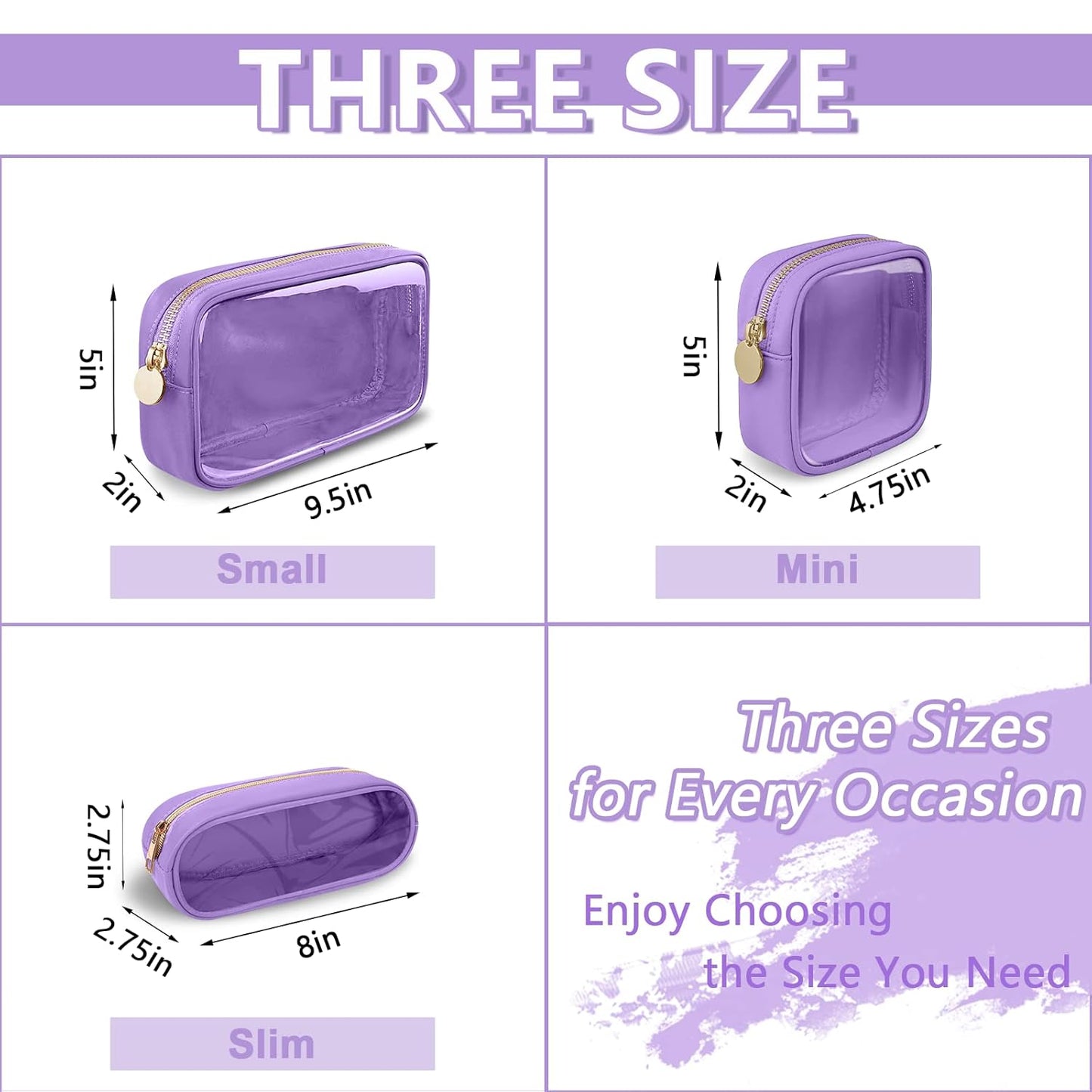 Clear Small Makeup Bag with Zipper, Nylon&PVC Cosmetic Travel Bag Preppy TSA Approved Toiletry Bag for Women Girls, Transparent Waterproof Makeup Pouches Cute Travel Bag for Purse(Small-Purple)