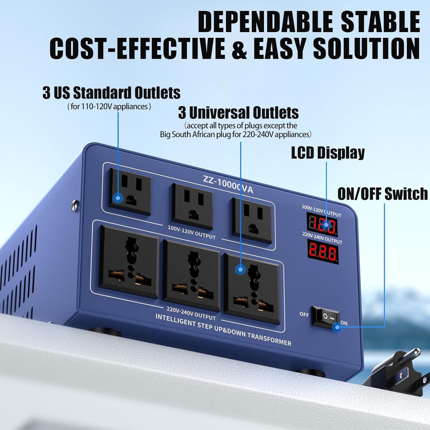 10000W Voltage Converter Auto Transformer,110/120/220/240V Heavy Duty Step Up/Down Power Converter Transformer with 3 US Outlets,3 Universal Outlets, LCD Display,Resettable Circuit Breaker Protection