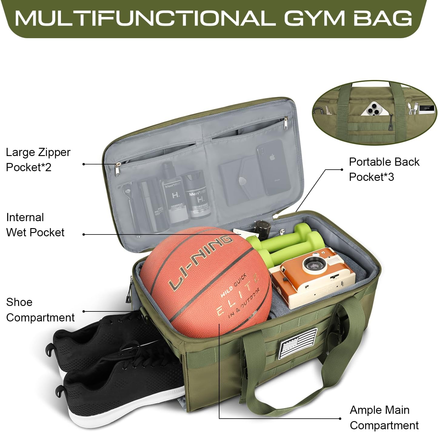 ETRONIK Gym Bags for Men, Large Tactical Duffle Backpack with Shoe Compartment, 3 in 1 Carry on Bag Travel Backpack with Wet Pocket, Weekender Overnight Range Bag for Workout Football Gym, Green