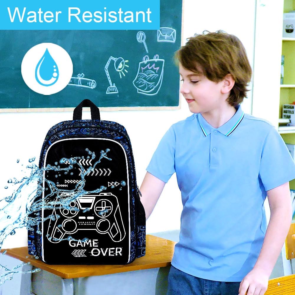 17 Inches Glow in The Dark Gamer Backpack for Boys, 3Pcs video Game School Bookbag Set for Teens, Laptop Backpacks with Lunch Bag(Blue)