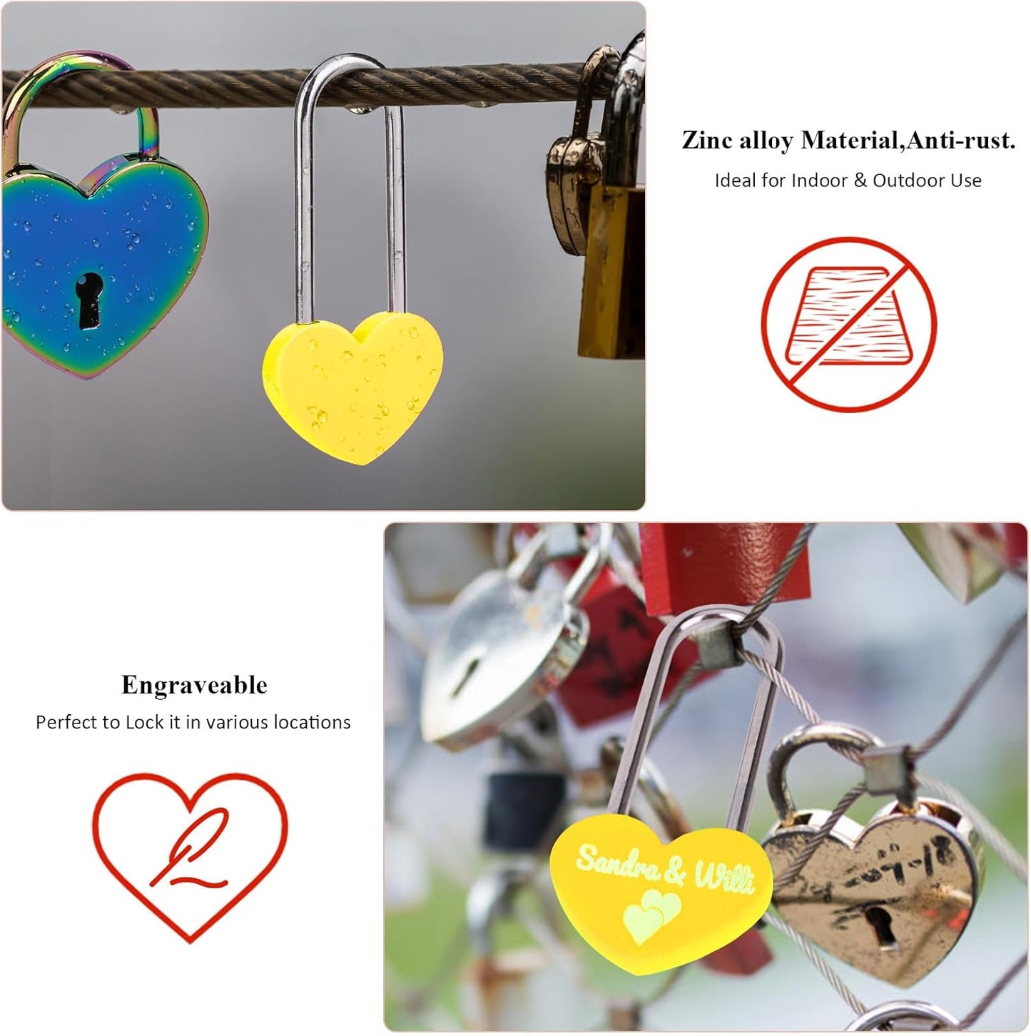 10PC 3.5" 50mm Love Lock Heart Padlock,Yellow Single Heart Wish Lock for Lovers Wedding,Valentines,Anniversary,Travel, Valentines Day, Bridge(NO Key)