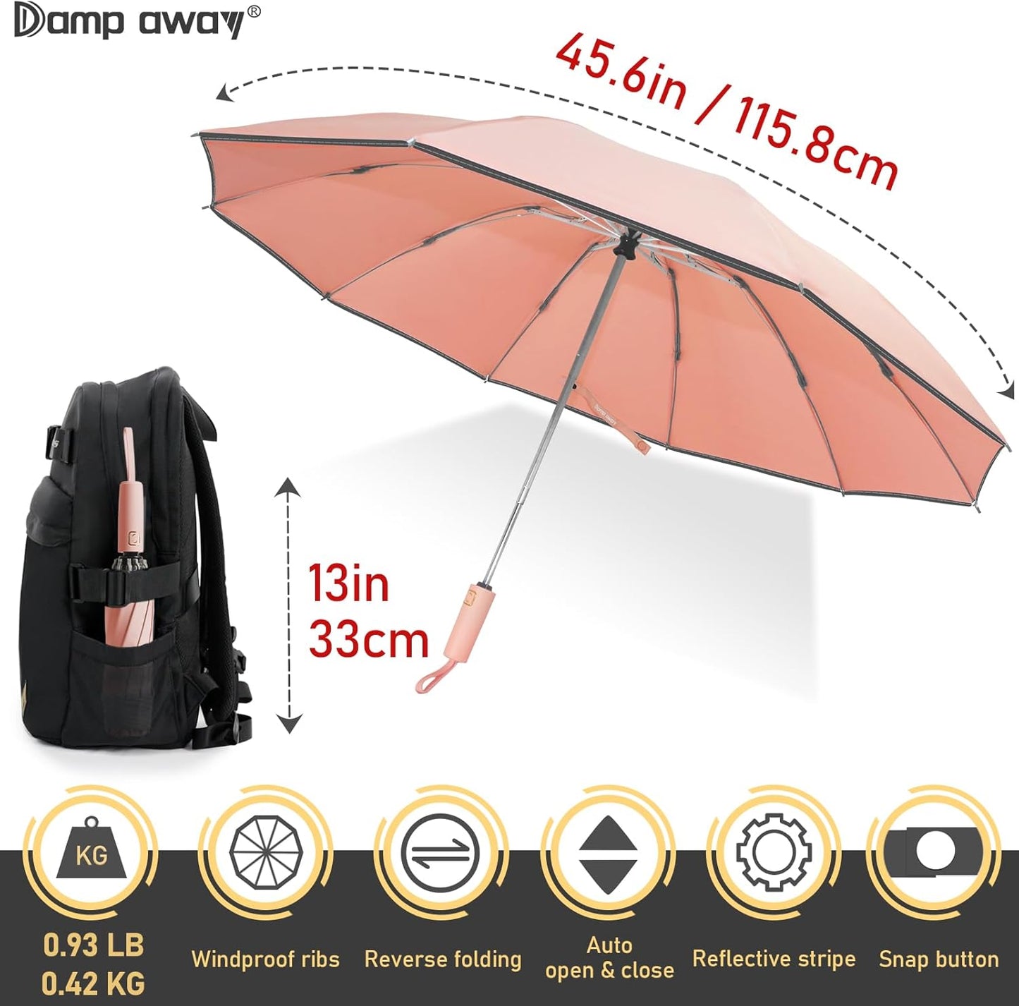 Windproof Travel Umbrella for Rain, Large Portable Reverse Folding Car Umbrella, Inverted Design, Compact Auto Open Close with Durable Waterproof Canopy, Fits Backpack/Women Men, 45.6 Inch